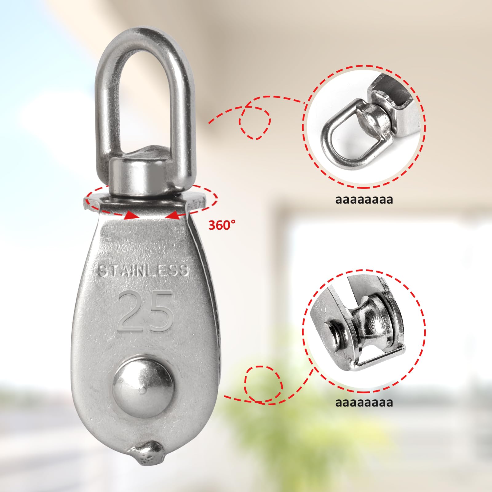 Polea de acero inoxidable 304 resistente, polea de grúa con gancho giratorio para levantar remolque colgante, rueda de polea de cuerda de alambre de grado industrial (M25, 12)