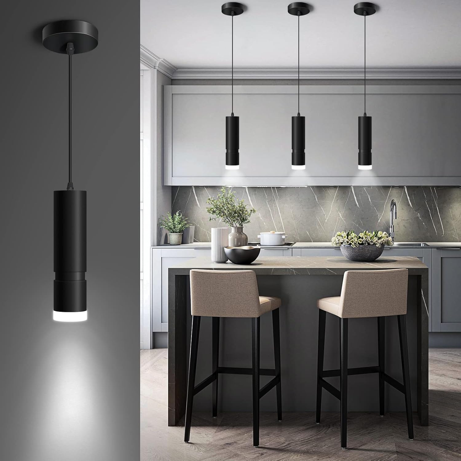 OKELI Black Pendant Lights Kitchen Island,Modern Unique Adjustable