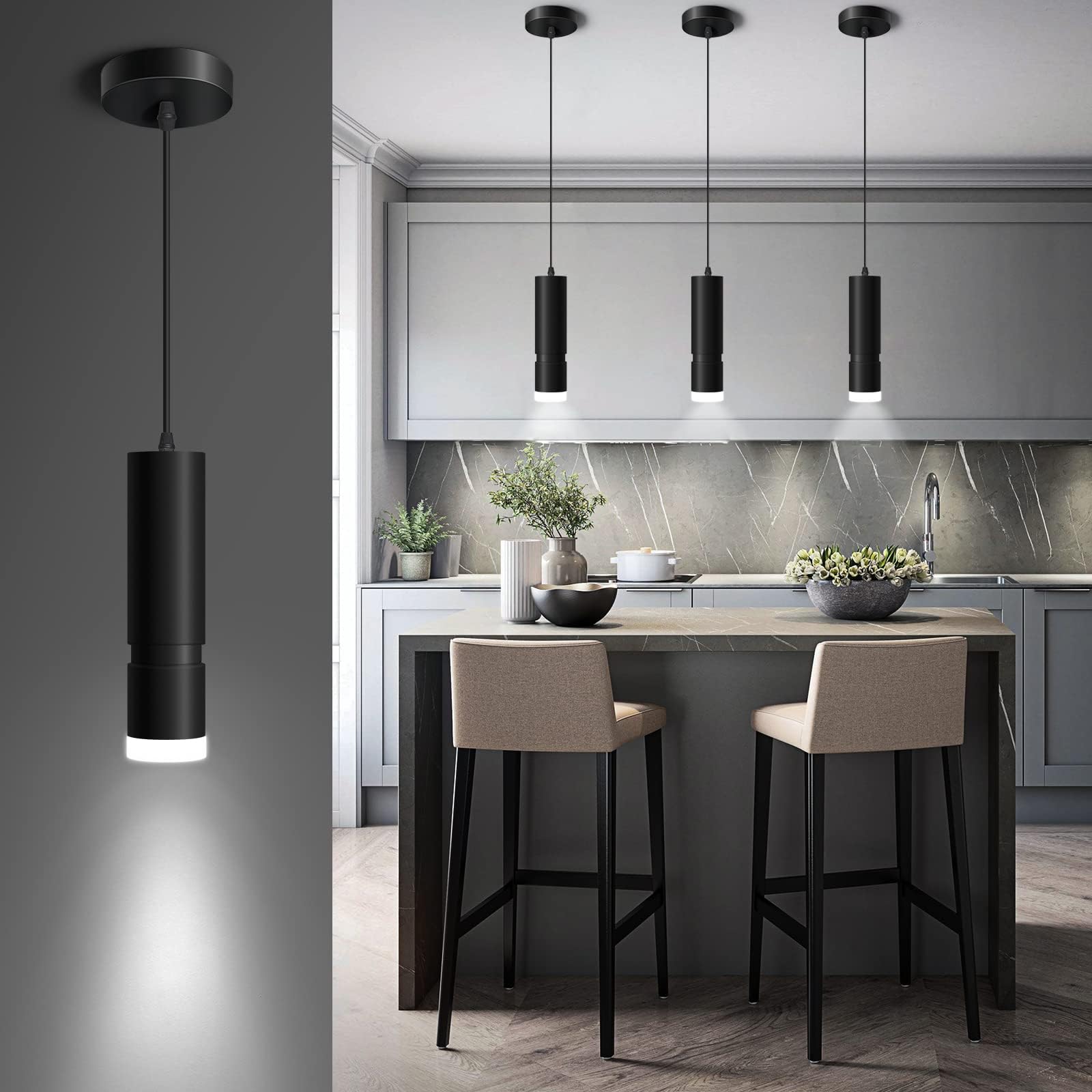 OKELI - Kitchen Island Pendant Lights, Modern Unique Adjustable Focus Pendant Lighting for Kitchen Island, Dining Room, Bedroom, Bar, Black LED Mini Lights with 20W, 4000K, ETL5026458 (1 Pack)