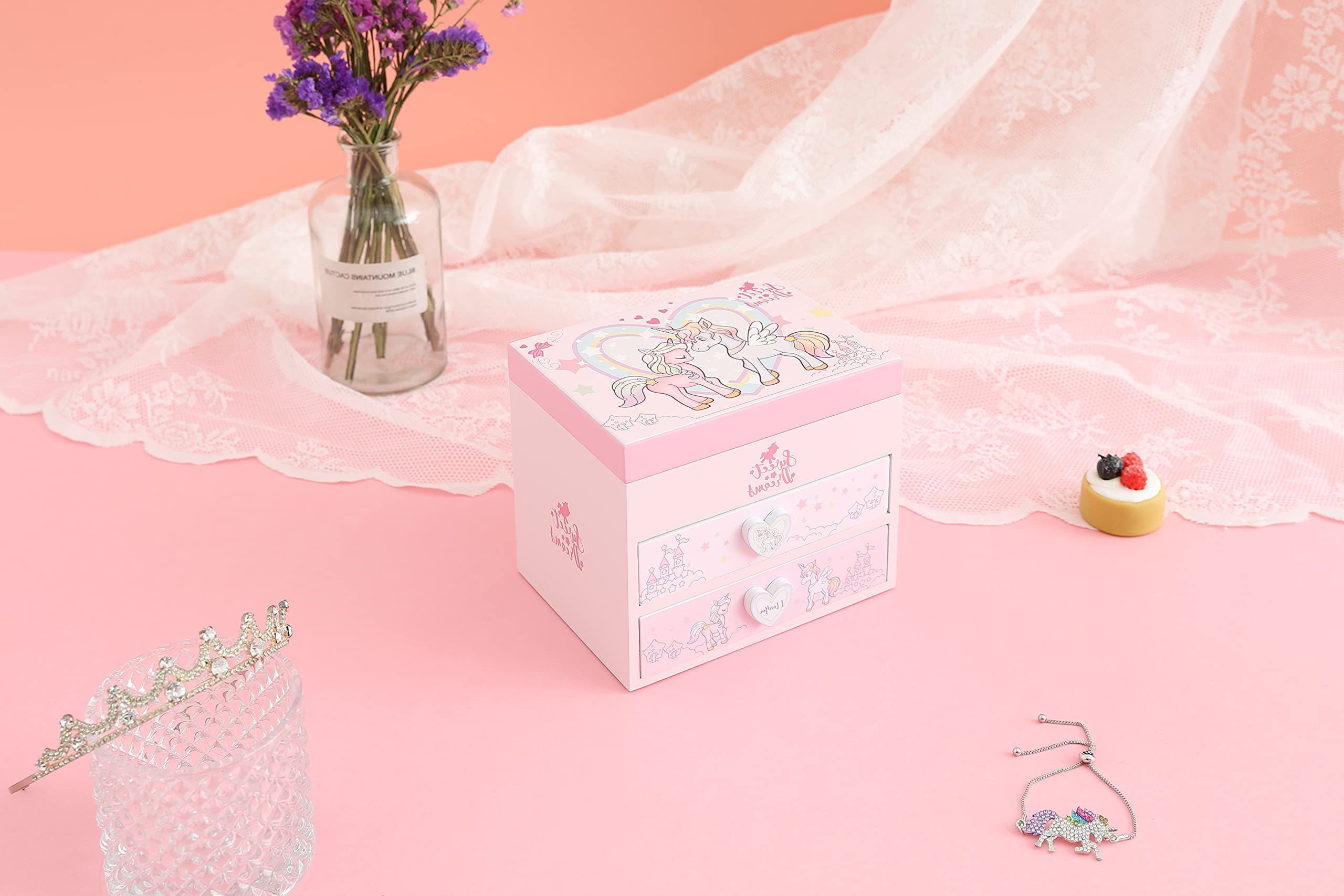 Caja de almacenamiento de joyas de madera musical para niños, regalos con juegos de joyas de unicornio/princesa bailarina, unicornio4