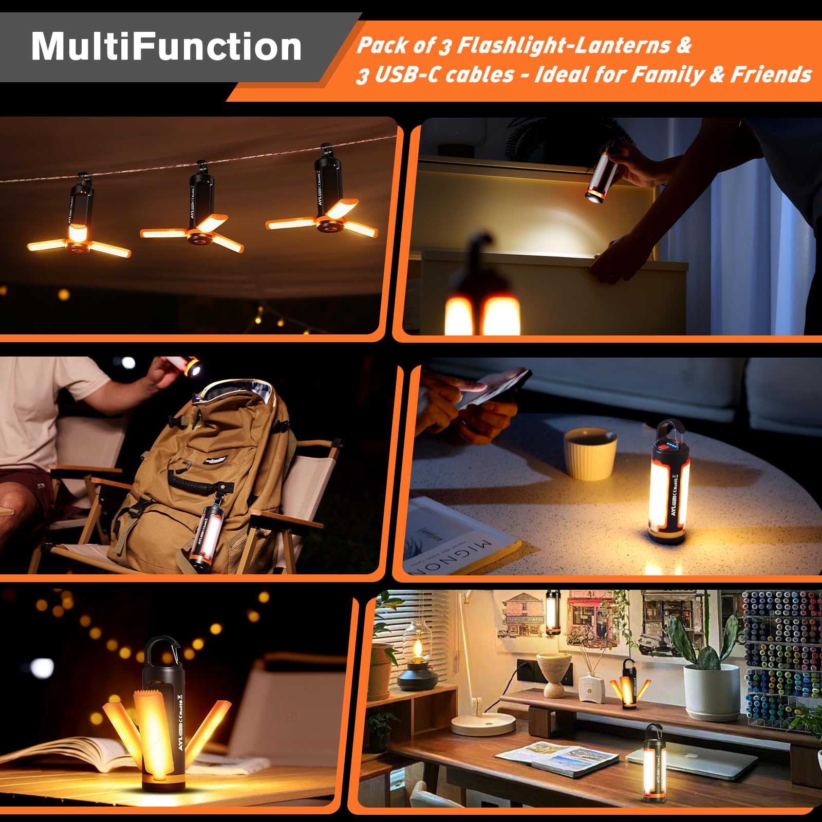 AYL - Lanterna portatile da campeggio ricaricabile a LED, leggera, ricaricabile tramite USB, torcia a LED, attrezzatura di sopravvivenza per casa, luce di emergenza, per esterni, per interruzioni di