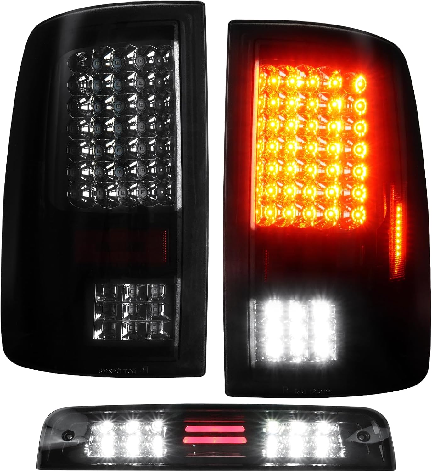 (3 Pack) Rear LED Taillight + 3rd Brake Cargo Lamp for 2009-2018 Dodge Ram 1500, 2010-2018 Ram 2500 3500 Chrome Smoke Lens, Only Fit factory Halogen/incandescent and Without Projector Headlights Model