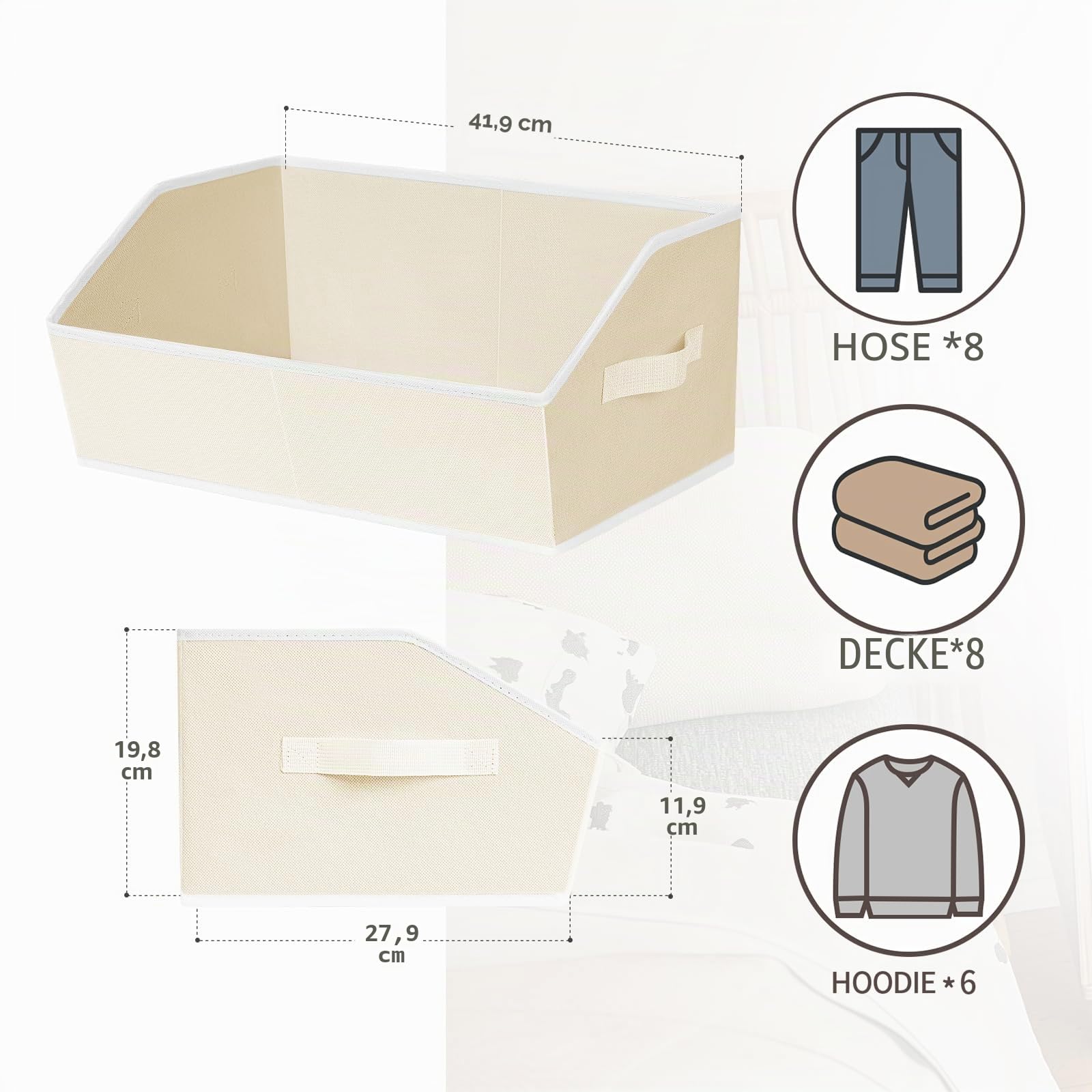 Homsorout Aufbewahrungsboxen Stoff, Trapezförmige Aufbewahrungskorb, Faltbare Aufbewahrungskiste mit Griff, 8 Stück Kleiderschrank Organizer für Kleidung, Würfelregal, Spielzeug, Beige