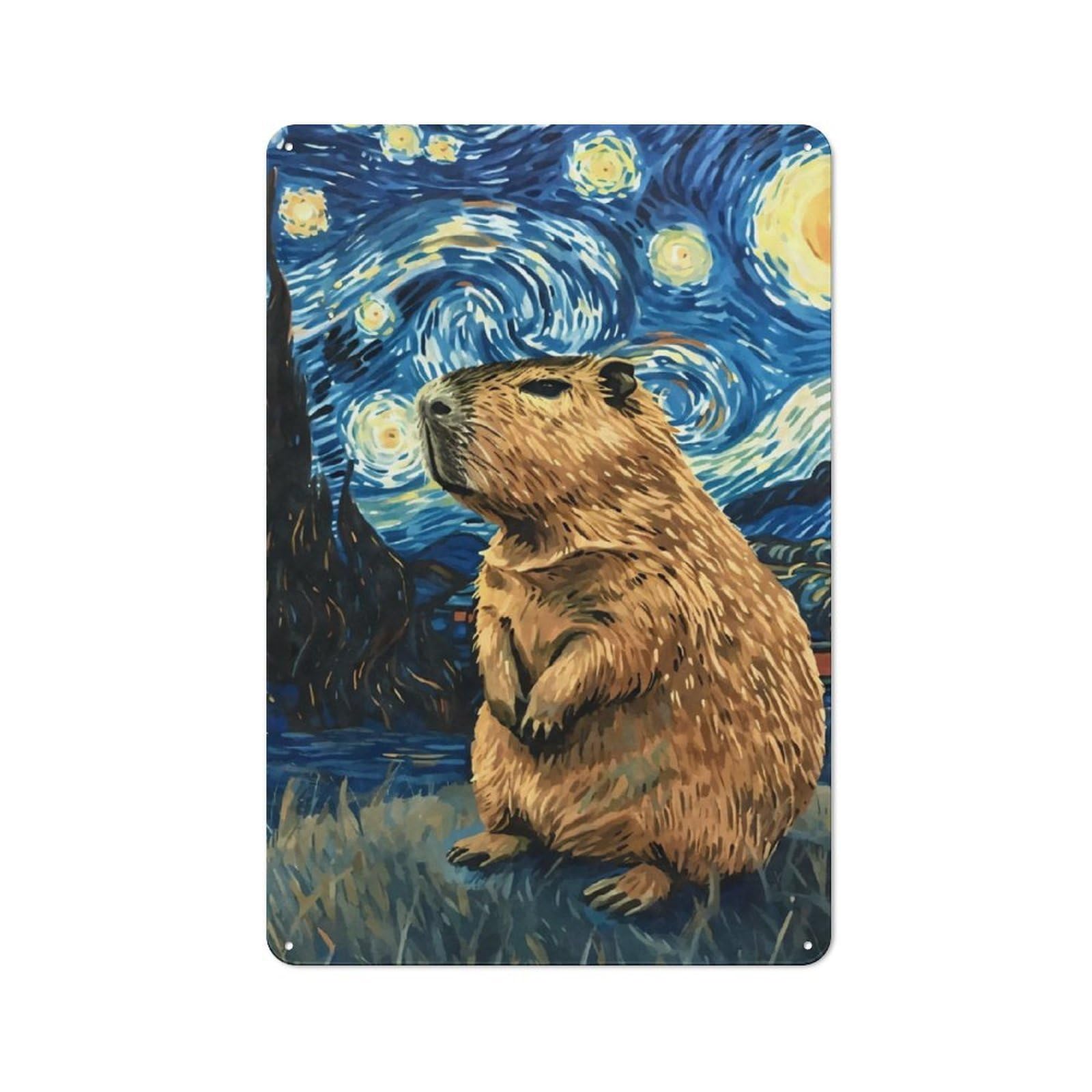 Junmoney Capybara Starry Night Retro Metal Sign 30X20cm For Lounge Or Reading Corner, For An Autumn Wall Display In Lounge And Reading Corner