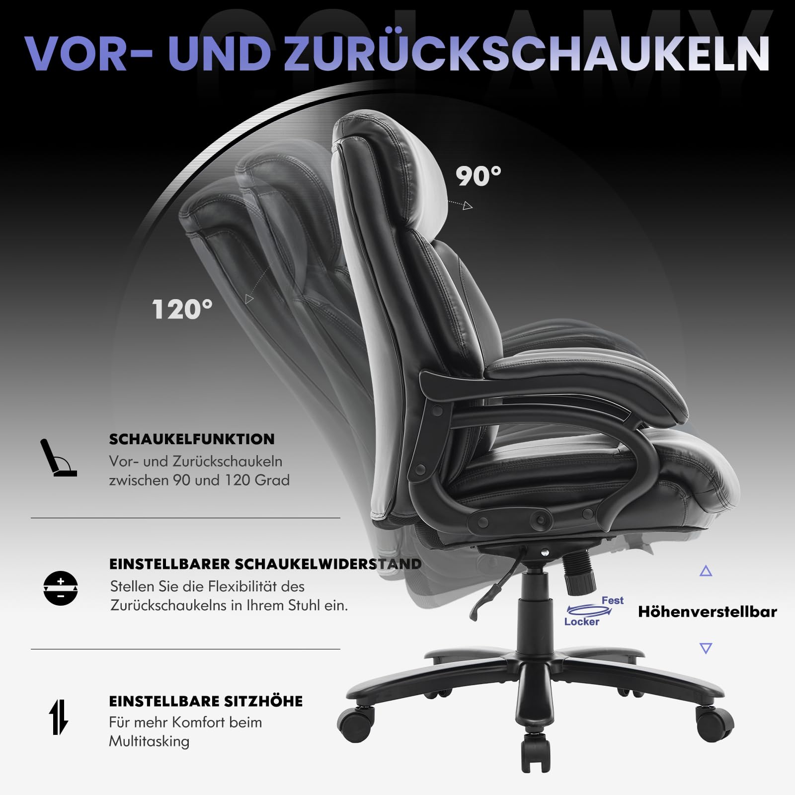 COLAMY XXL Chefsessel[181kgs] - Hochlehner Bürostuhl Leder mit verstellbaren Armlehnen - Extra breiter Sitz (59cm) für Homeoffice und Büro, Schwarz