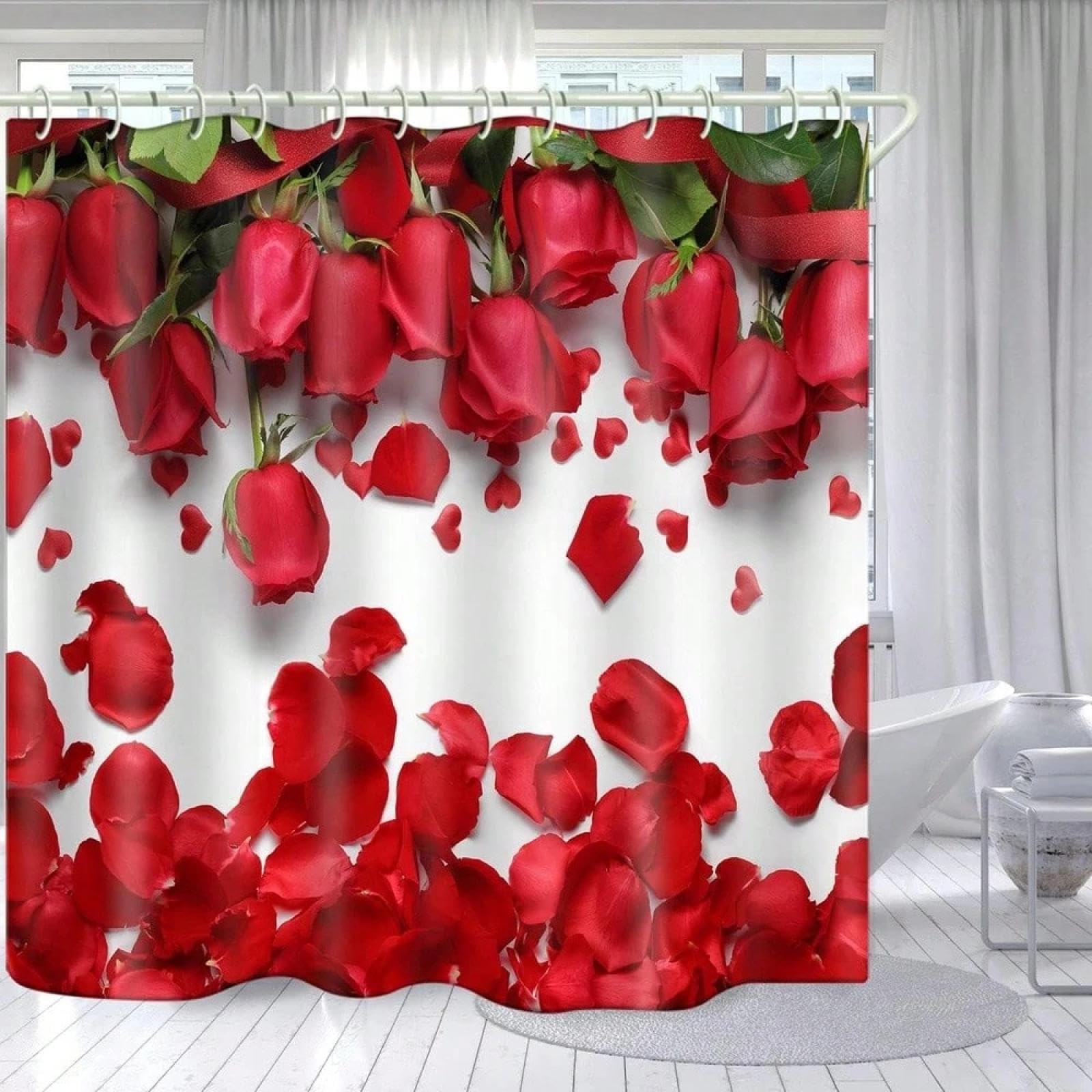 Rideau de douche imperméable lavable imprimé roses rouges 100x180cm tissu