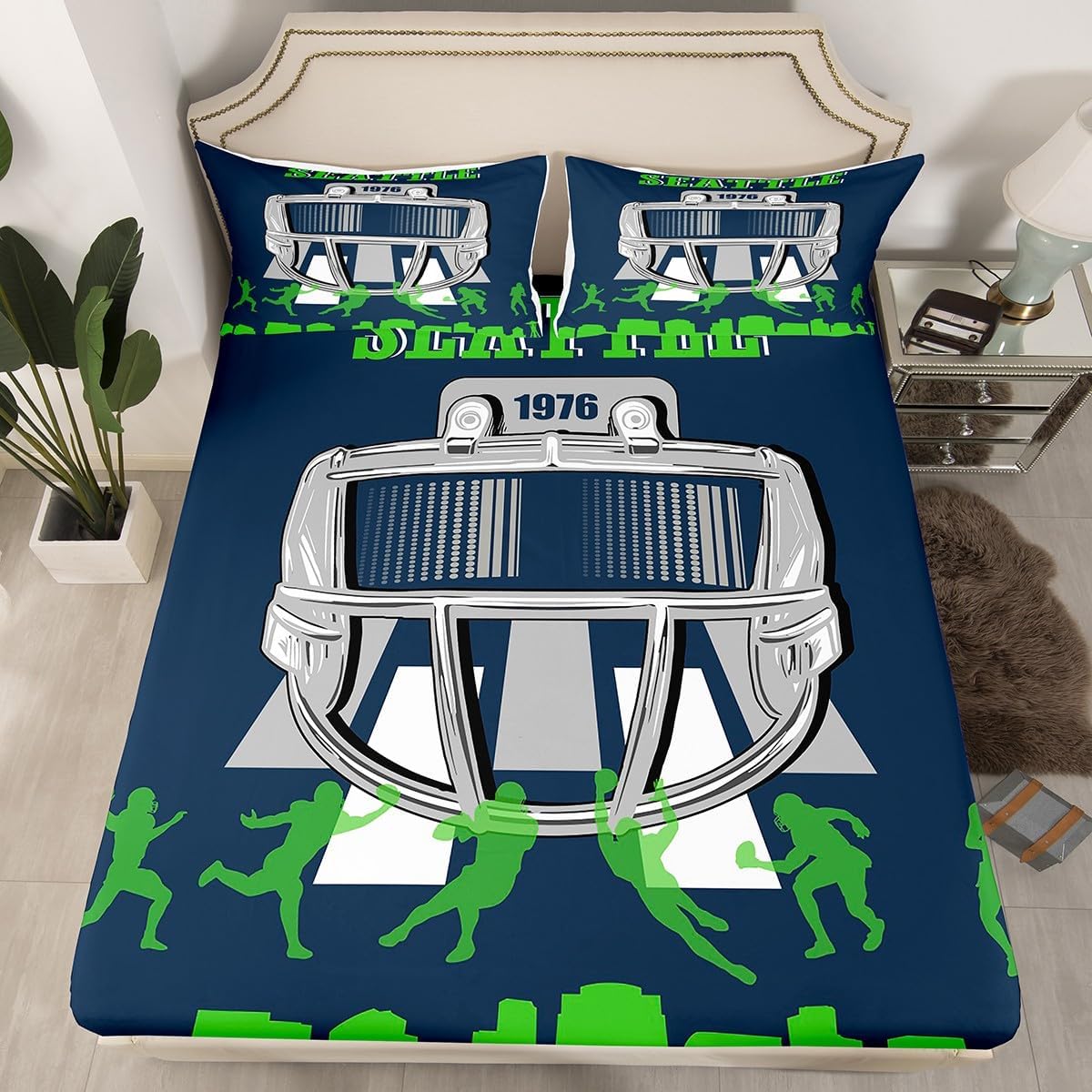 Erosebridal Sports Helmet Bed Sheets,American Football City Fitted Sheet Football Player Silhouette Sheets,Cool Sports City Game Bedding Set Full 3 Pieces(Seattle)