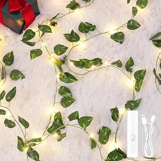 Lakumu Rechargeable Fairy Lights with Vines, 33FT 100 LED Pothos String Lights Battery Operated with 8 Modes & Timer, Fake Leaf Vine Lights for Bedroom Wall Garden Wedding Party Indoor Room Decor