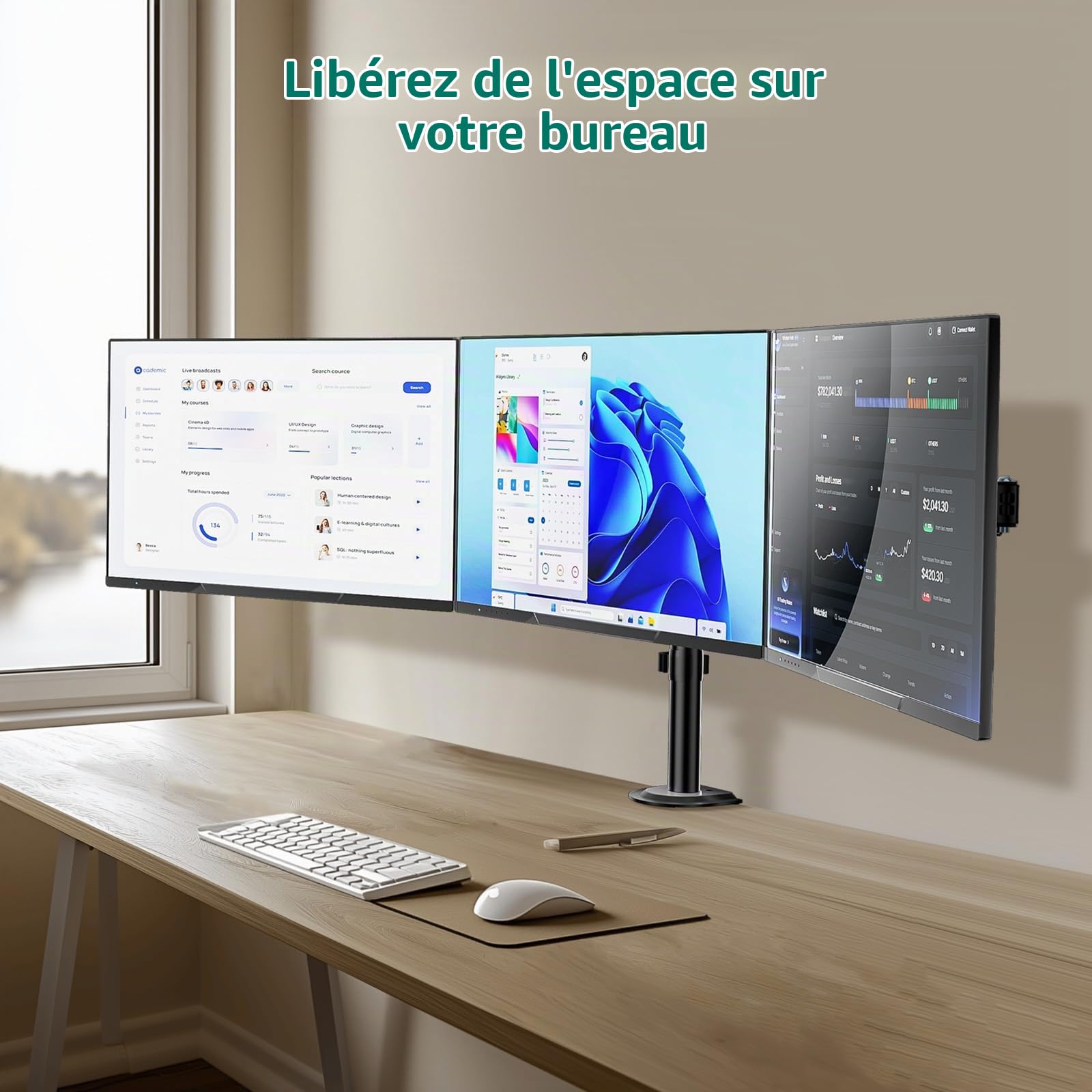 WALI Support Triple Moniteur, Support Robuste pour écrans de 13 à 27", Support de Bureau réglable pour 3 moniteurs avec Pivot, Inclinaison, Rotation, Pince et œillet (M003SN), Noir