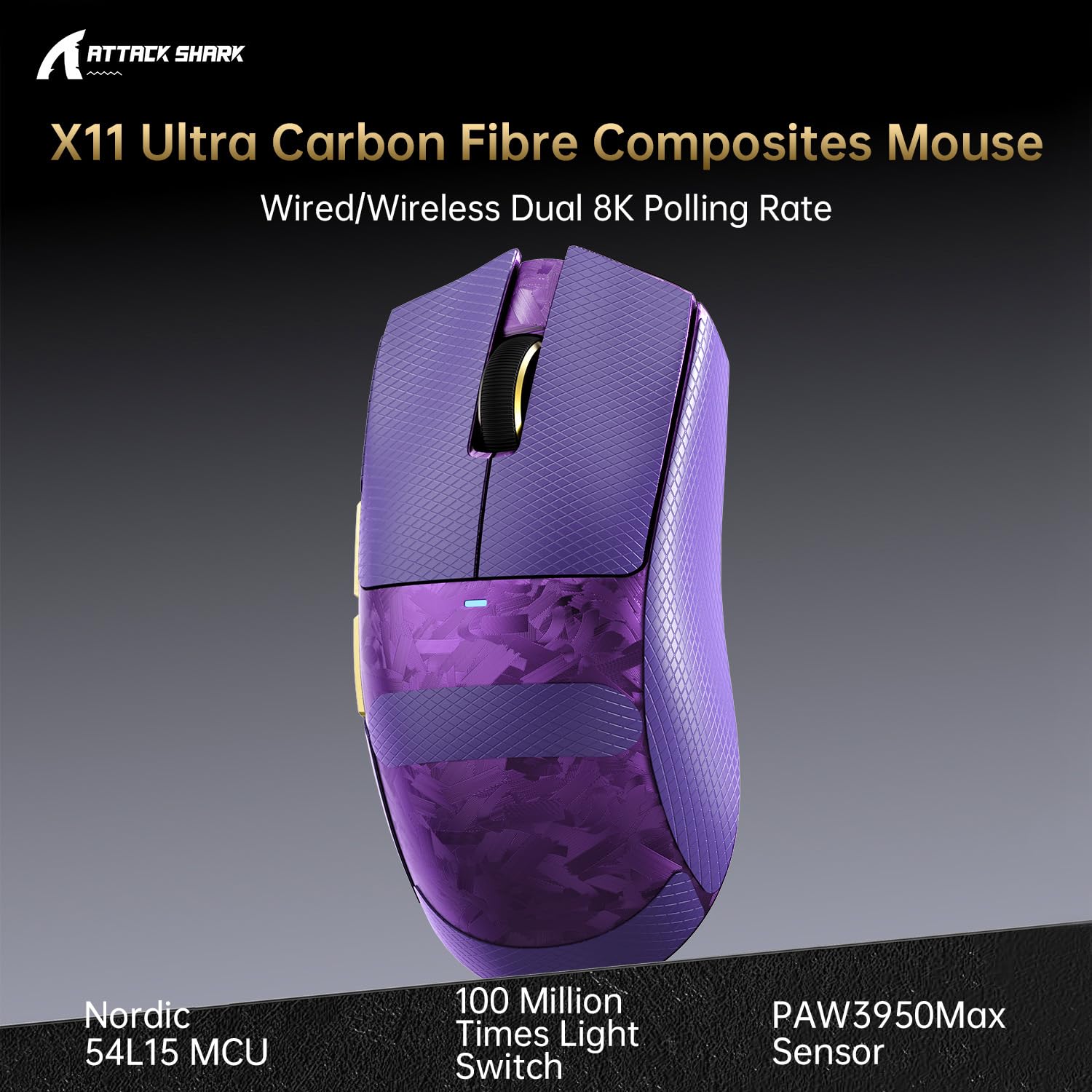 ATTACK SHARK X11 Ultra Wireless Gaming Mouse, Ultra-Light 63g, 42K DPI, 8K Polling, Nordic Chip, Carbon Fiber, for Esports & Pro Gamers - 3