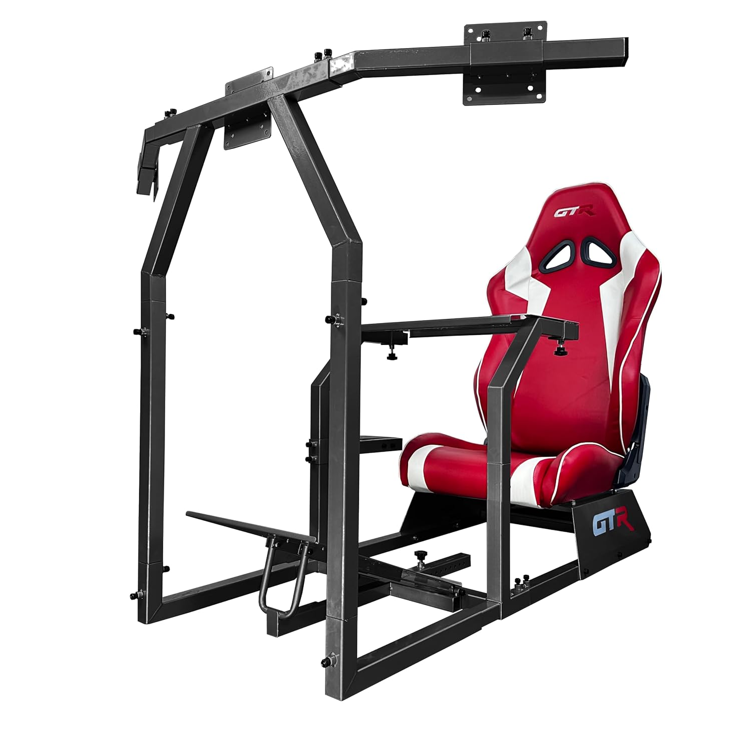 GTR Simulator GTA-F Model Silver Frame Triple | Single Monitor Stand with Majestic Black Adjustable Leatherette Seat Racing Driving Gaming Simulator Cockpit Chair