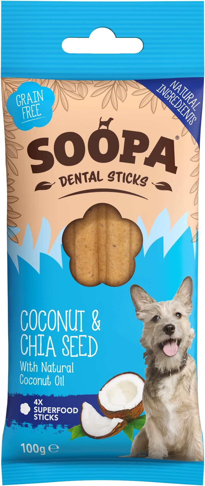 Soopa Grain Free Coconut and Chia Seed Dental Dog Treats, 4 Sticks