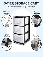 Vista 5 de 3 Drawer Plastic Storage,Organizer Cart with Wheels for Home,Rolling Bin Cart Storage for Clothes and Office Supplies Organizer Office,Black (Black)