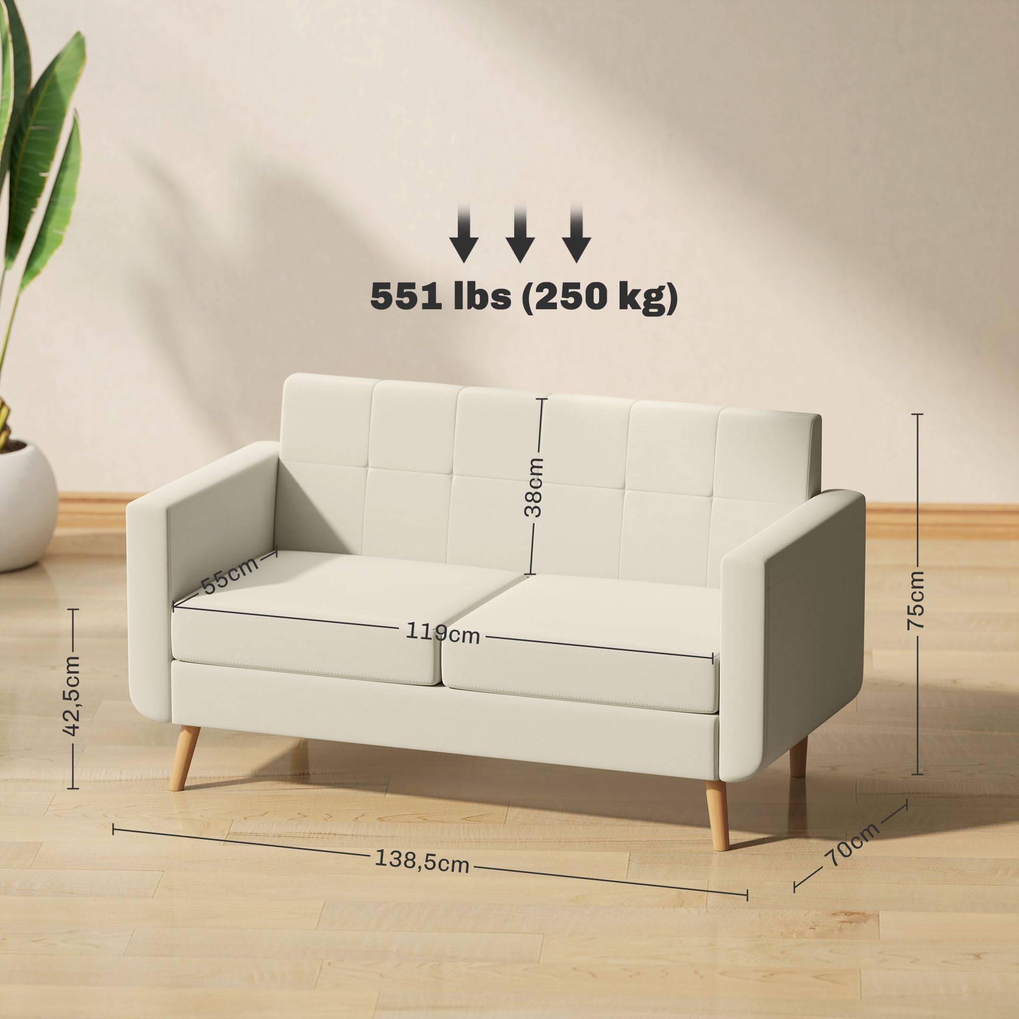 HOMCOM Sofá de 2 Plazas Sofá de Salón Moderno 138,5 cm con Reposabrazos y Patas de Madera Sofá Pequeño para Oficina Sala de Estar Crema