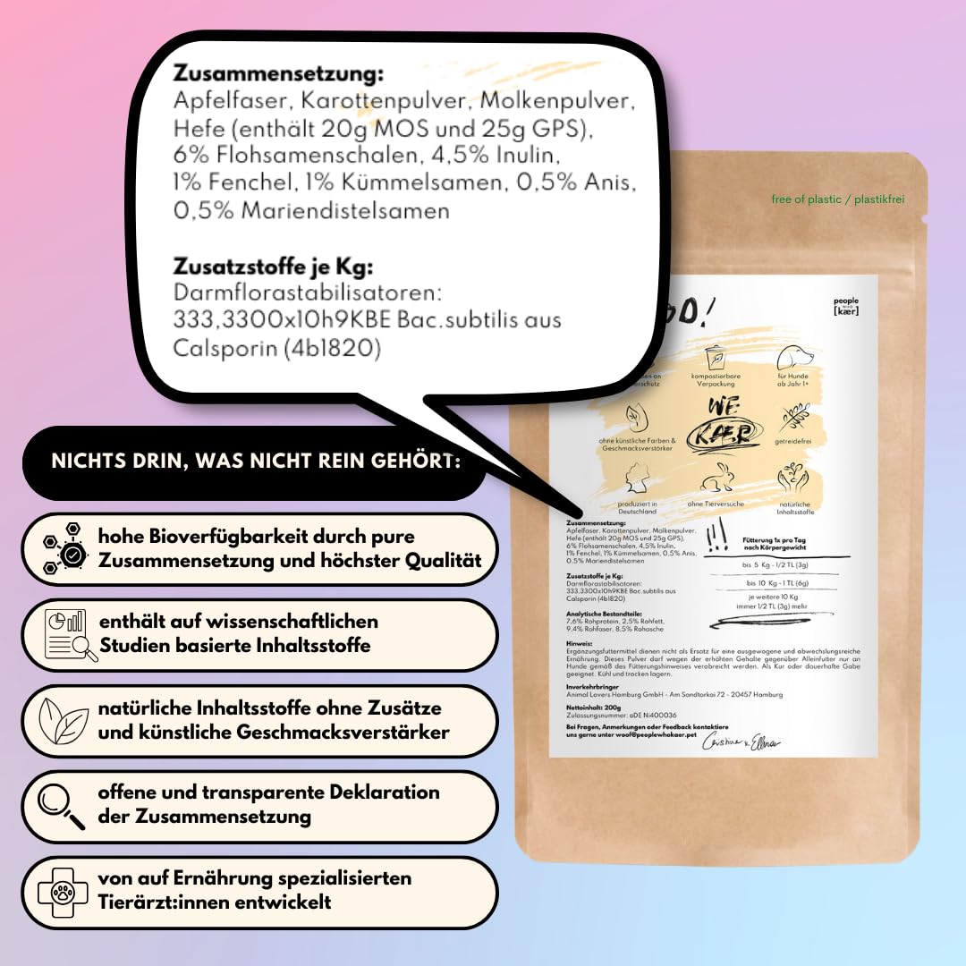People who Kaer proszek jelitowy dla psów, 2 x 200 g, probiotyki i prebiotyki, wspomaga budowę flory jelitowej psa w przypadku biegunki i regeneracji jelit, proszek ze skórką psyllium, witaminy dla