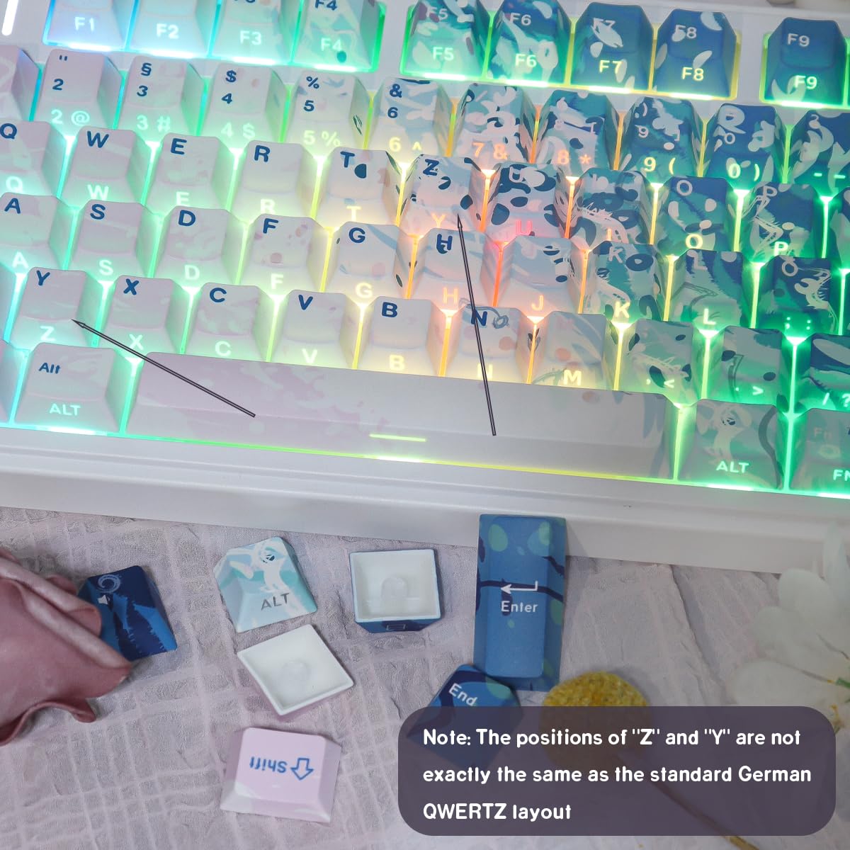 PBT Keycaps 128 Keys Pink Beach Keycaps, Double Shot Shine Through Side Printed Keycap, Cherry Profile Dye Sub Keycap for Cherry MX Switch ISO QWERTZ Layout Meccanical Keyboard