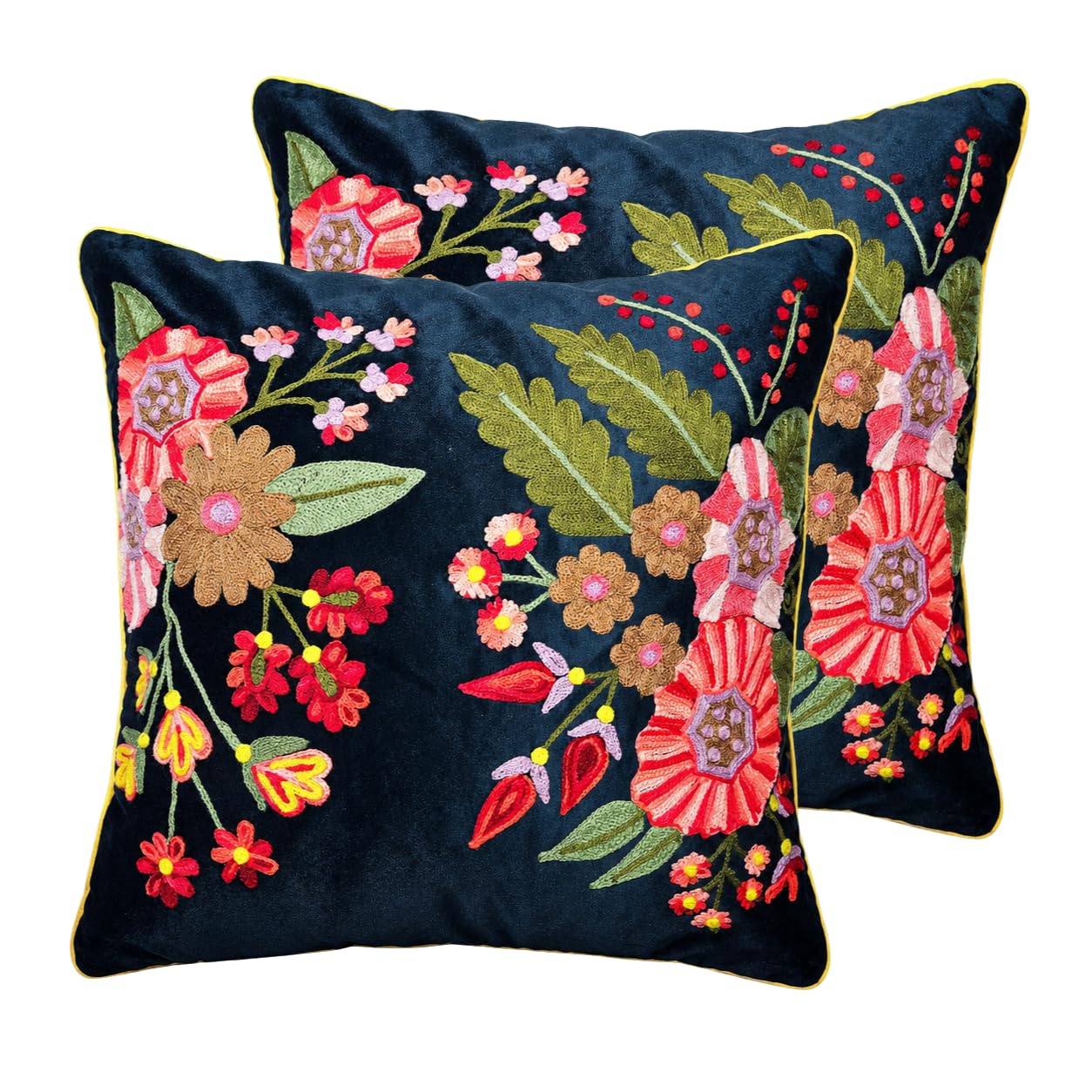 Embroidered Floral Velvet Cushion Cover 16x16 Inch with Hidden Zip, Piece 2 | Hidden Zip Closure, Navy Blue Velvet, Multicolour Embroidery, Sofa & Bed Decor, Yellow Piping Detail-image-19