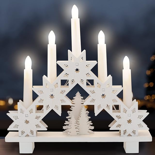 GloBrite Natural Wooden Christmas Candle Bridge Festive Scene Decoration Battery Operated Warm White LED Xmas Candle Lights (5 Candle Bridge)