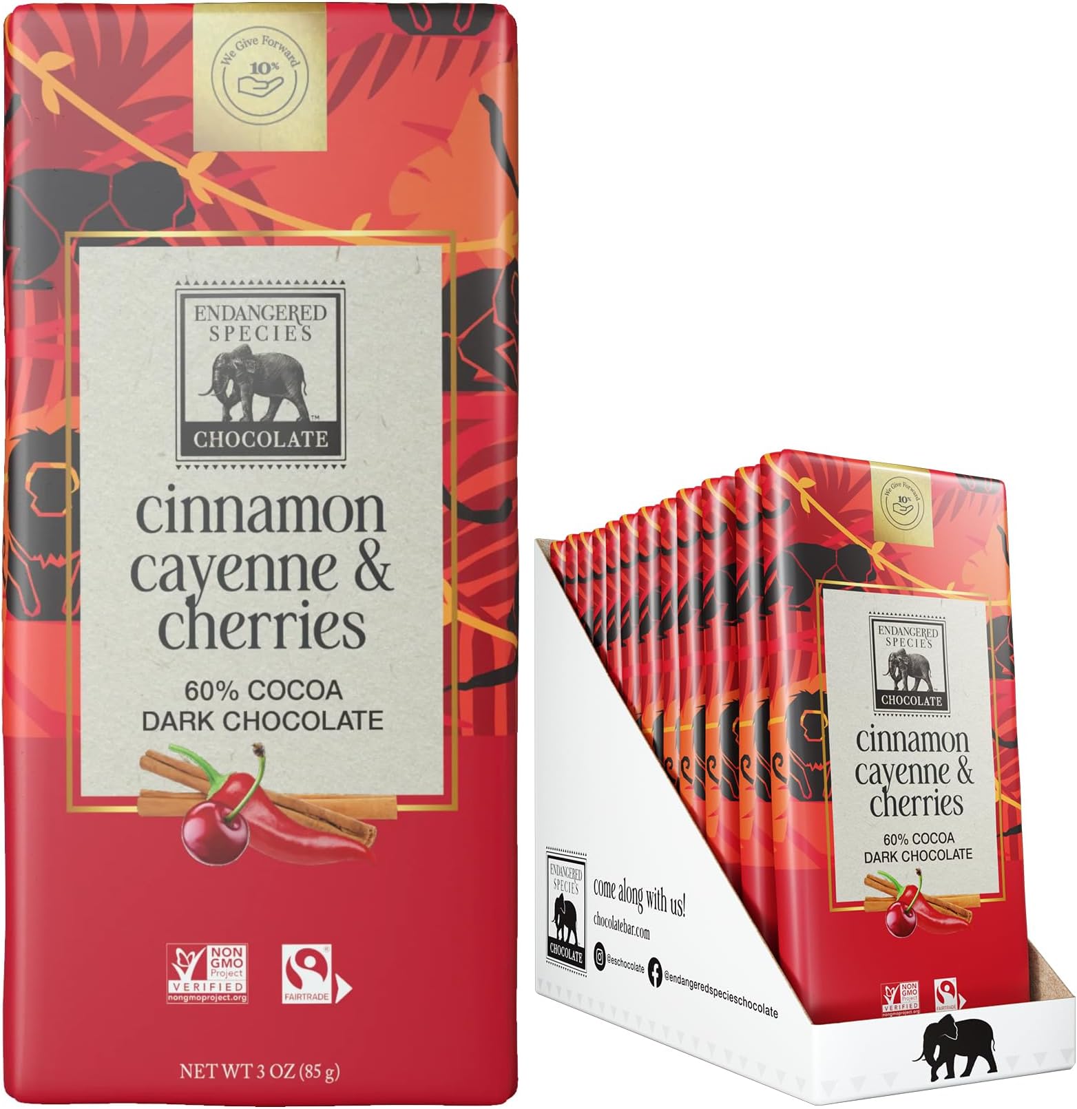 Endangered Species Natural Dark Chocolate Bar with Cinnamon Cayenne and Cherries, 3 Ounce - 12 per case.