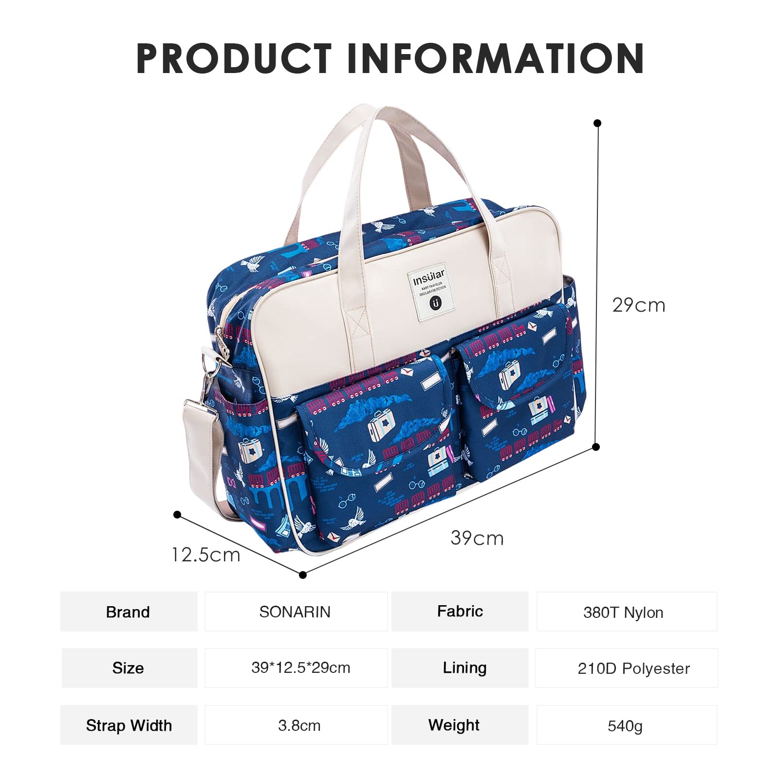 SONARIN Borsa per pannolini Grande capacità Neonato Multifunzione Viaggio con Cinghie e Fasciatoio