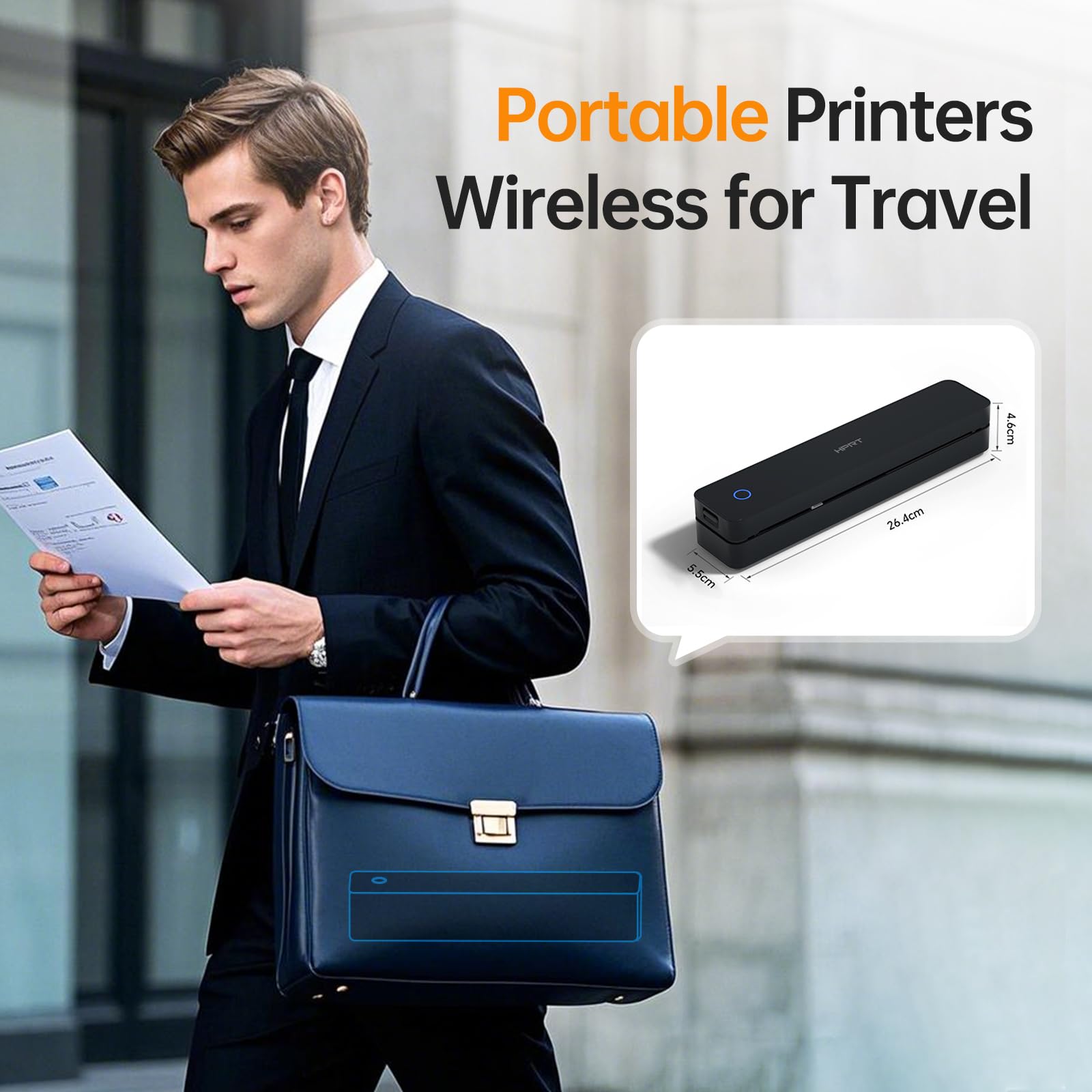 HPRT tragbarer Drucker drahtlos für Reisen, Bluethooth Tintenloser Thermodrucker Unterstützung für A4-Papier, kompatibel mit iOS, Android, Laptop für Büro und Zuhause