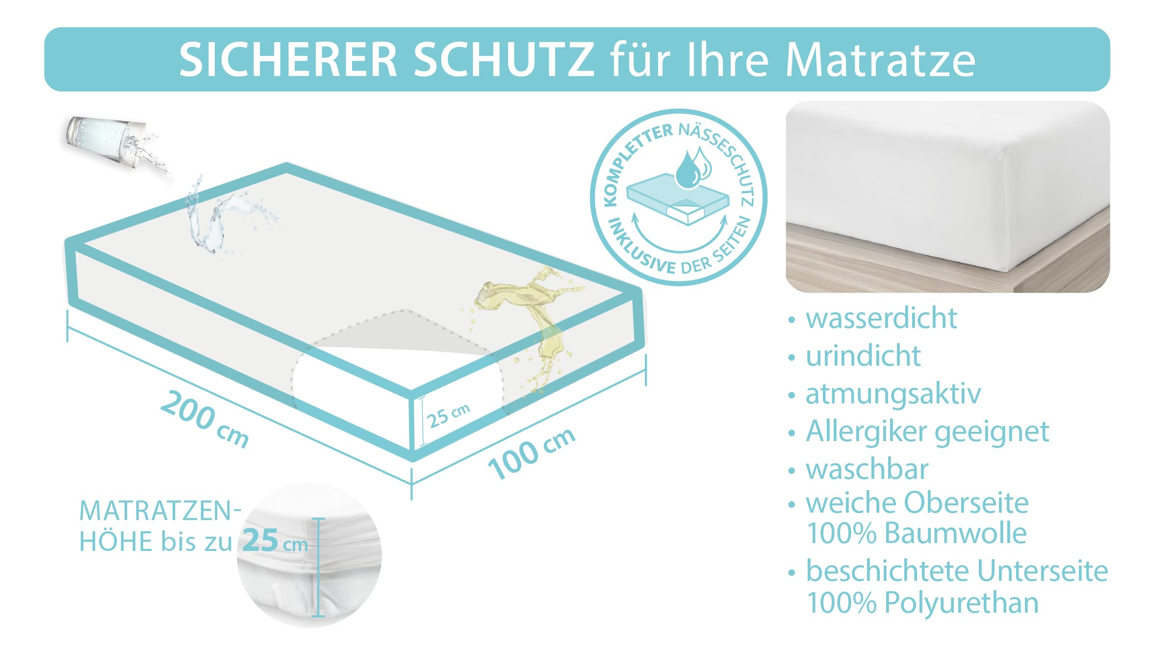 Castejo Matratzenschutz als Spannbetttuch mit PU Beschichtung zusätzlich auch an den Seiten, Hygieneschutz, Inkontinenz, Spannlaken,Bettlaken, Pflege, CA1075 (100x200cm)