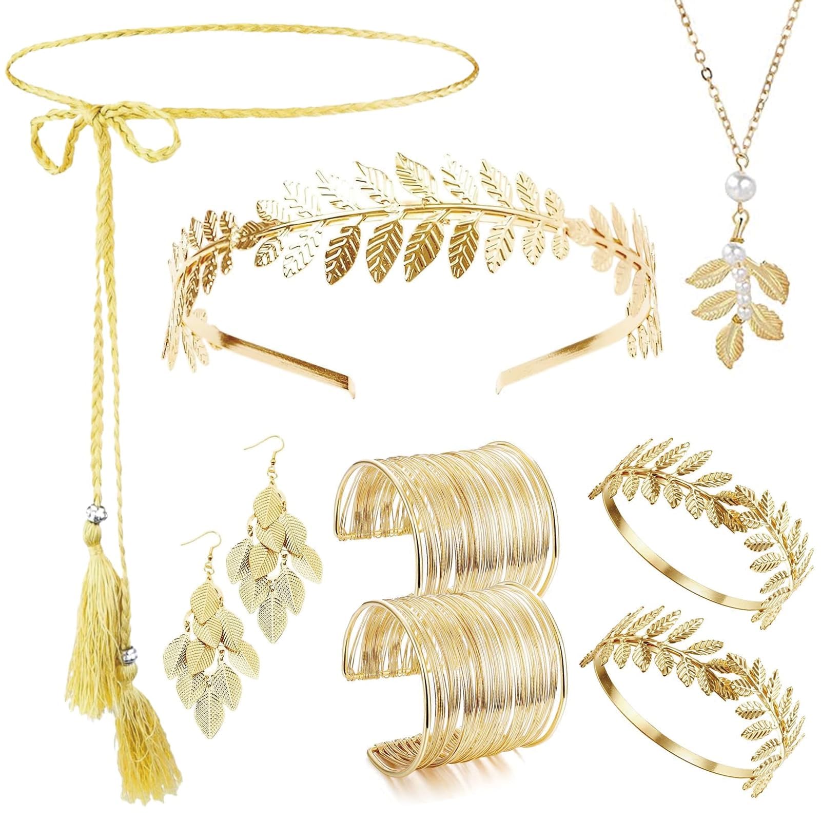 6 Pcs Greek Goddess Accessories, Greek Goddess Costume Women and Girls, Ancient Greek Costume, Party Costume Set Includes Waist Chain, Headband, Necklace and Arm Bands for Bridal Wedding Halloween