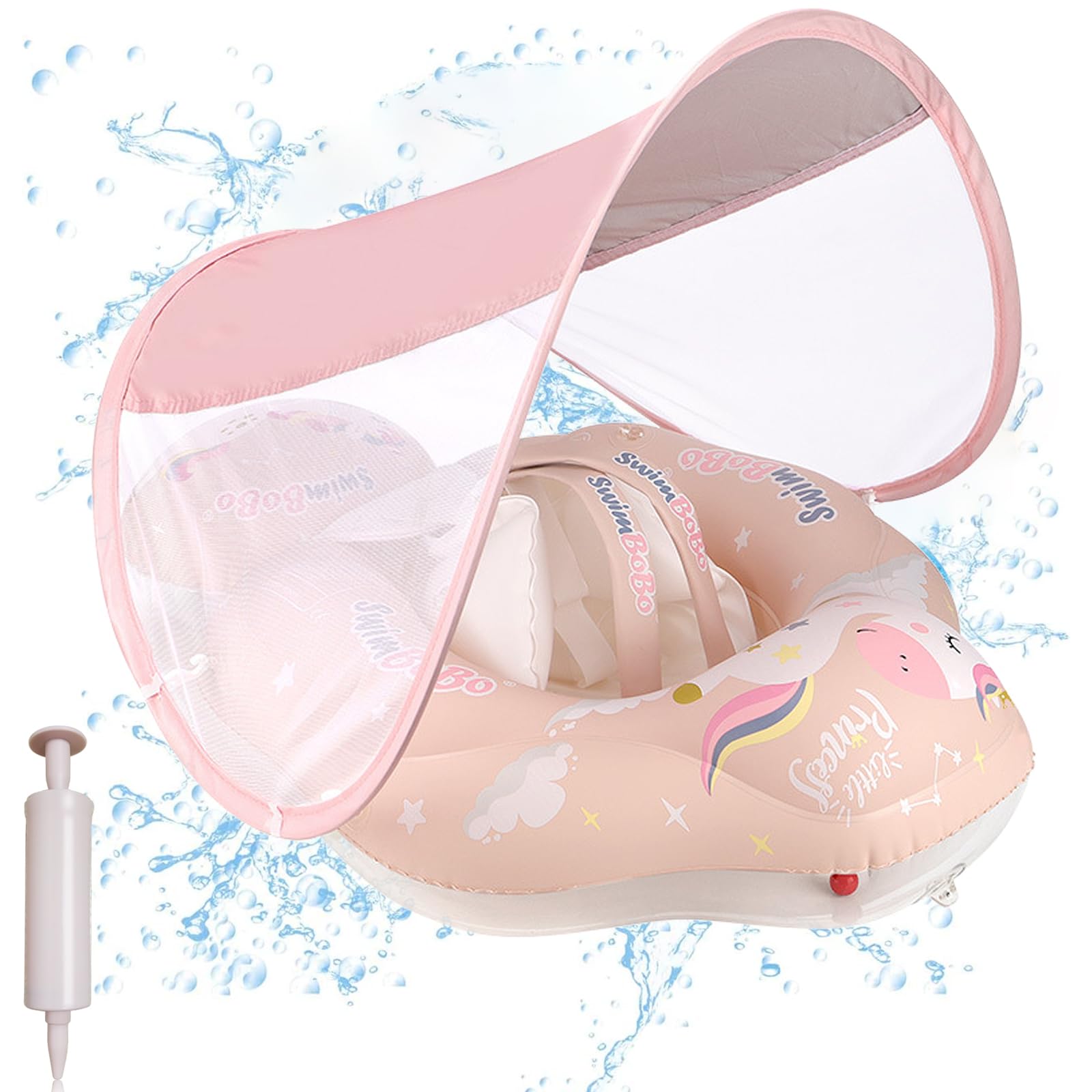Flotador Bebe Inflable, Flotador Bebé con Parasol Extraíble, Natación para Bebé, Flotador Portátil Ajustable para Piscina de Bebé, para Niños de 6 a 36 Meses, Inflador Incluido (Poni)