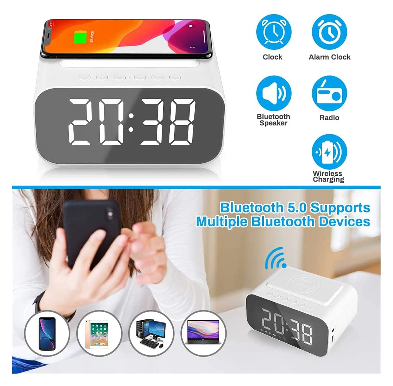 Radio de reloj despertador con altavoz, carga inalámbrica de alarma digital, espejo DIRIGIÓ Exhibir con USB Puerto, AUXILIAR Entrada, Llamada de manos libres for el dormitorio en la cama del hotel (bl
