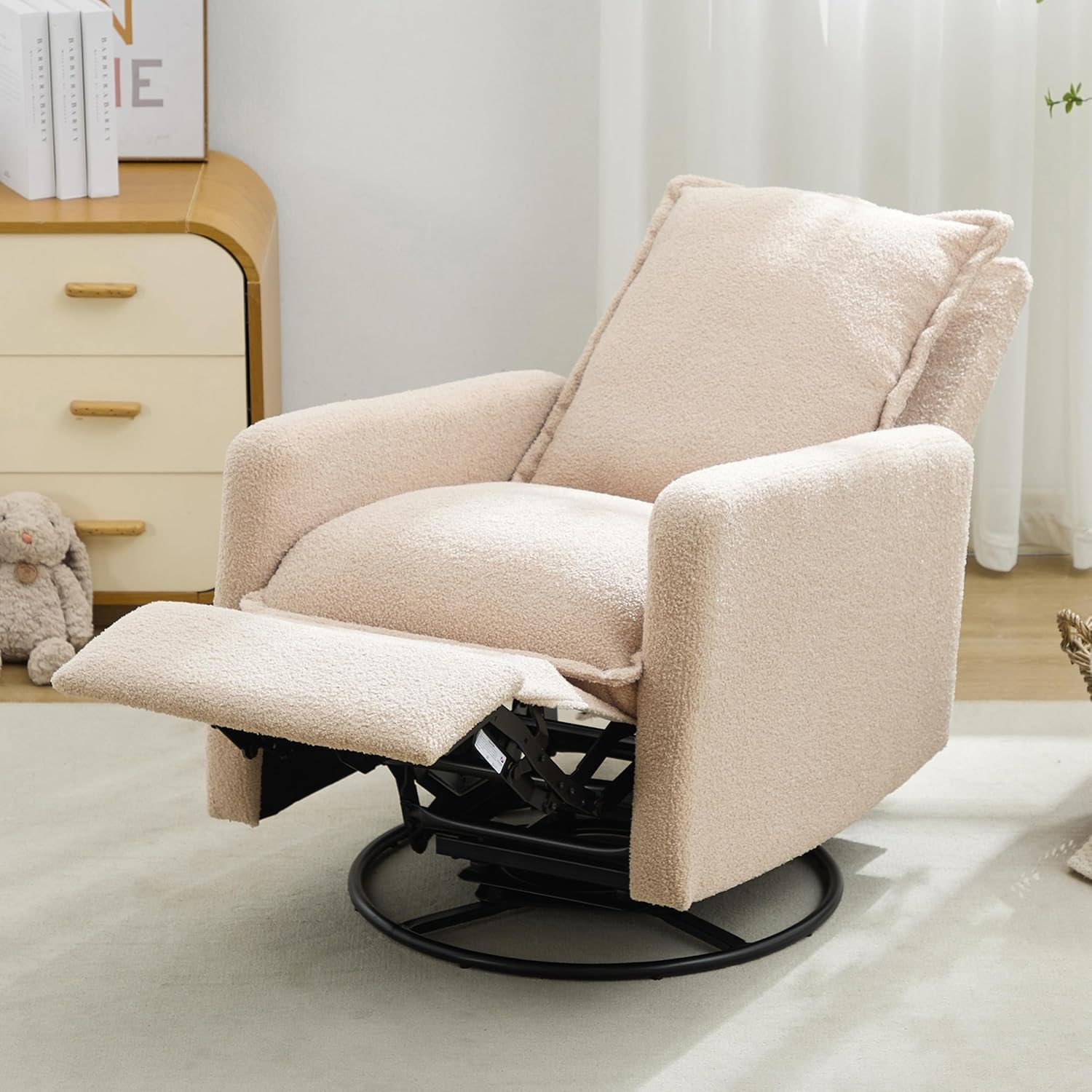 ERYE Modern Lounge Reclining Chair Boucle Upholstered Glider Rocker Chair Manual Recliner Armchair Nursery Armchair with Footrest Pedal for Home Bedroom Living Room