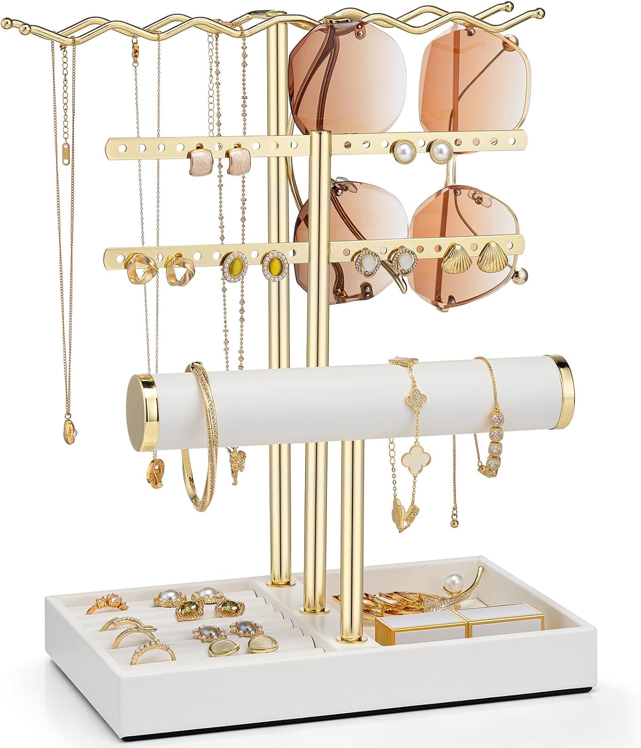VLANDO 3 Tier Jewelry Organizer, Necklace Sunglasses Bracelet Holder, White