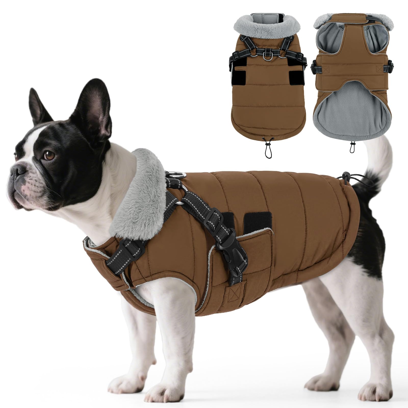 ASENKU Size M Medium Dog Waterproof Winter Coat with Integrated Harness – Warm Fleece Lined Reflective Jacket for Corgi French Bulldog Dachshund Spaniel, UK Daily Walks Rainy Hiking
