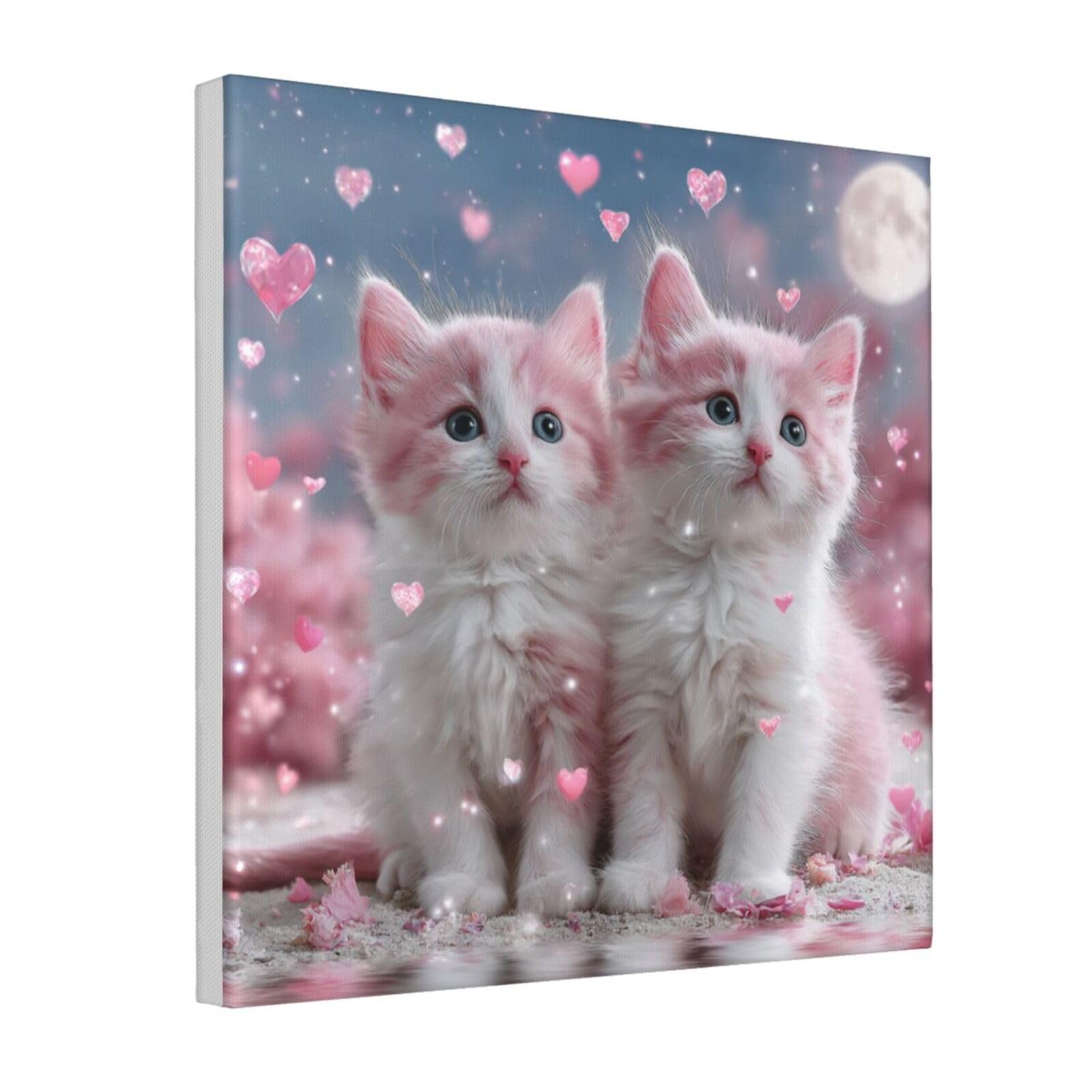 Woshuwo White Two Pink And Kitten Canvas Wall Art Poster Aesthetic Print Painting For Dorm Bedroom Living Room,30X30cm Framed
