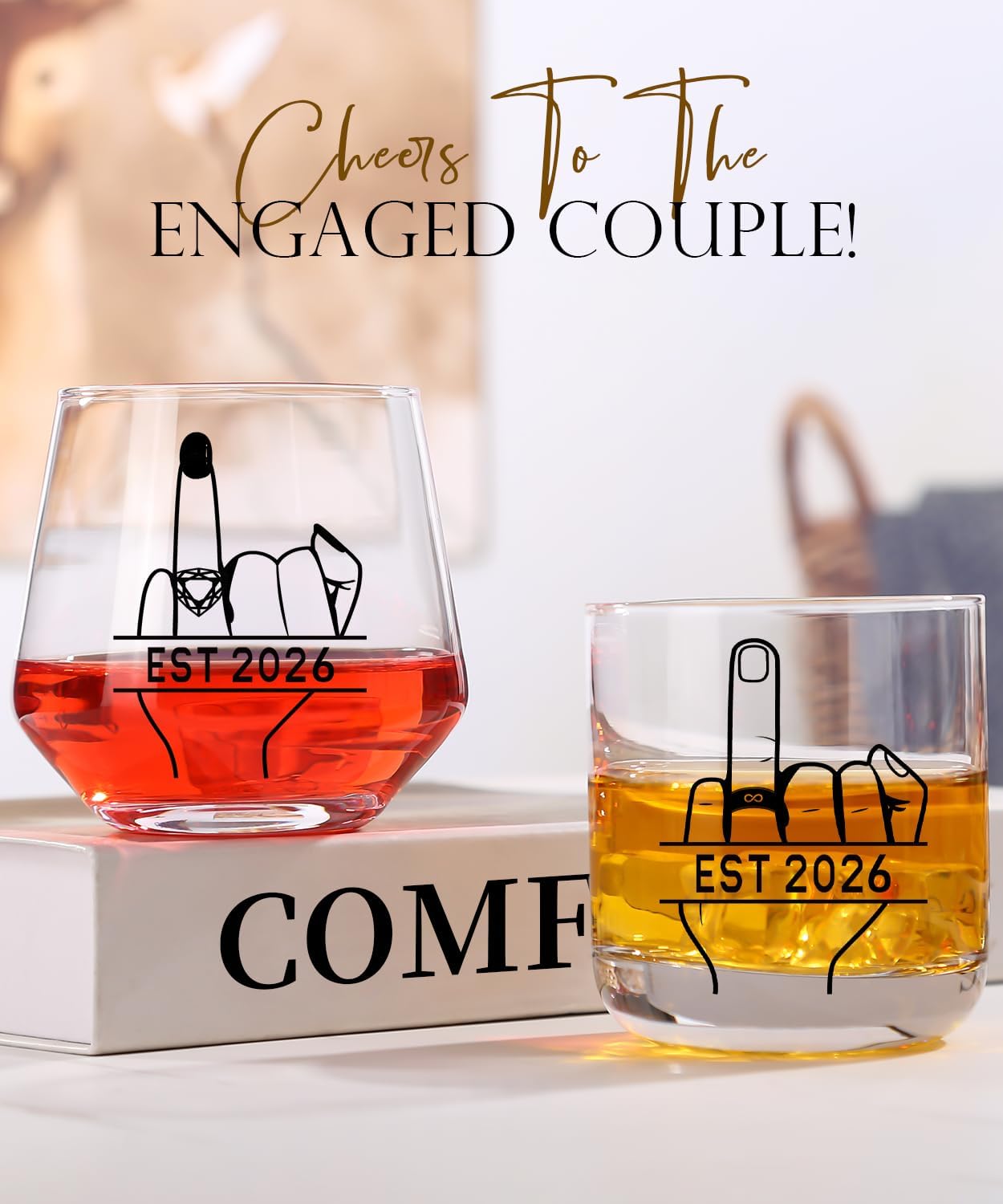 comfit Engagement Gifts for Couples 2026 - Bridal Shower Gift - Valentine's Day,Wedding Gifts for Couples, His and Hers, Newlywed - Wine&Whiskey Glass for Mr and Mrs image 2