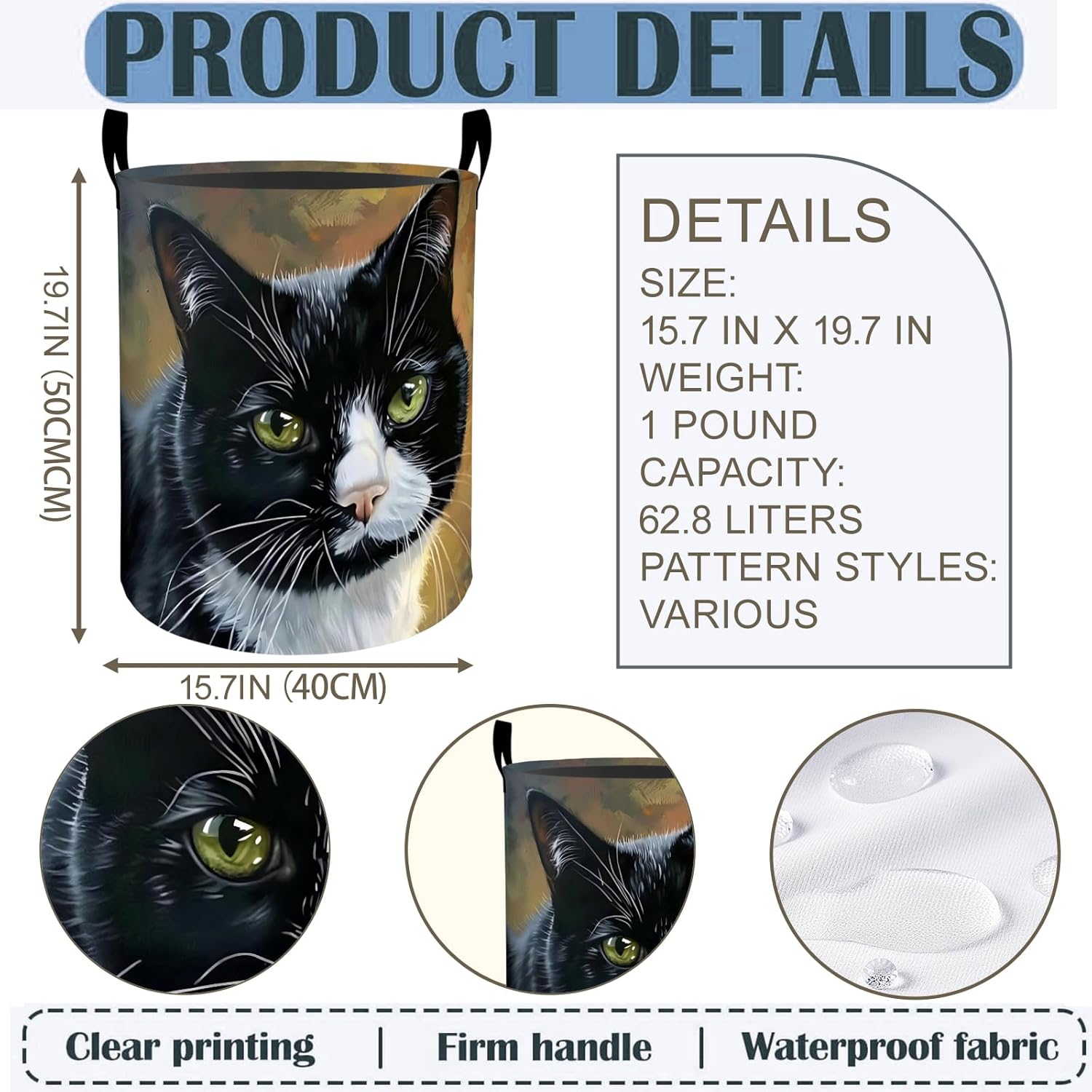 Cat Laundry Basket Hamper 19.7"x15.8", Tuxedo Cat Foldable Waterproof Oxford Clothes Storage Bucket for Room Bathroom Bedroom Nursery Decor, Toy Organizer Bins Gifts for Kids Boys Girls