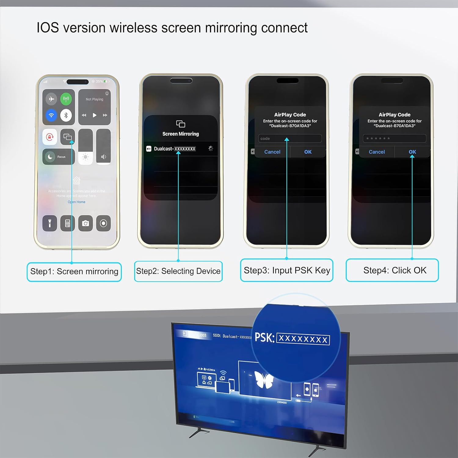 iOS screen mirroring steps for MUSKY MS5K