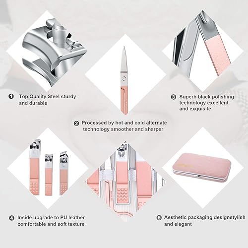Miniatura 5 de Juego de manicura, mini cortaúñas de viaje, herramientas de cuidado de pedicura, 10 piezas de acero inoxidable kit de aseo (rosa)