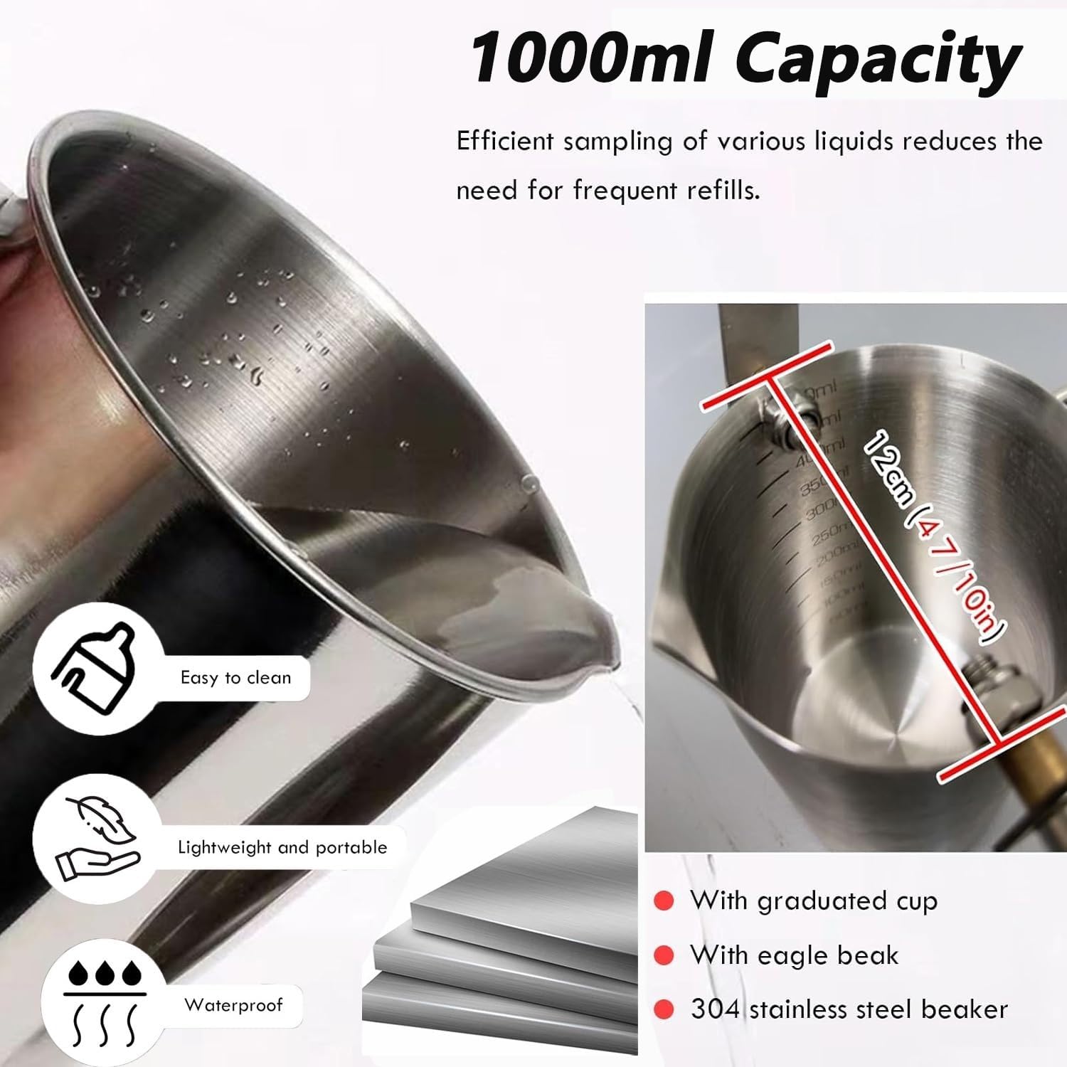 Telescopic Water Sampler, 17oz/34oz Stainless Steel Cup Pendulum Beaker, for Industrial, Lab and Environmental Monitoring(Size:1.17-4m,Color:Metallic 1000ml)