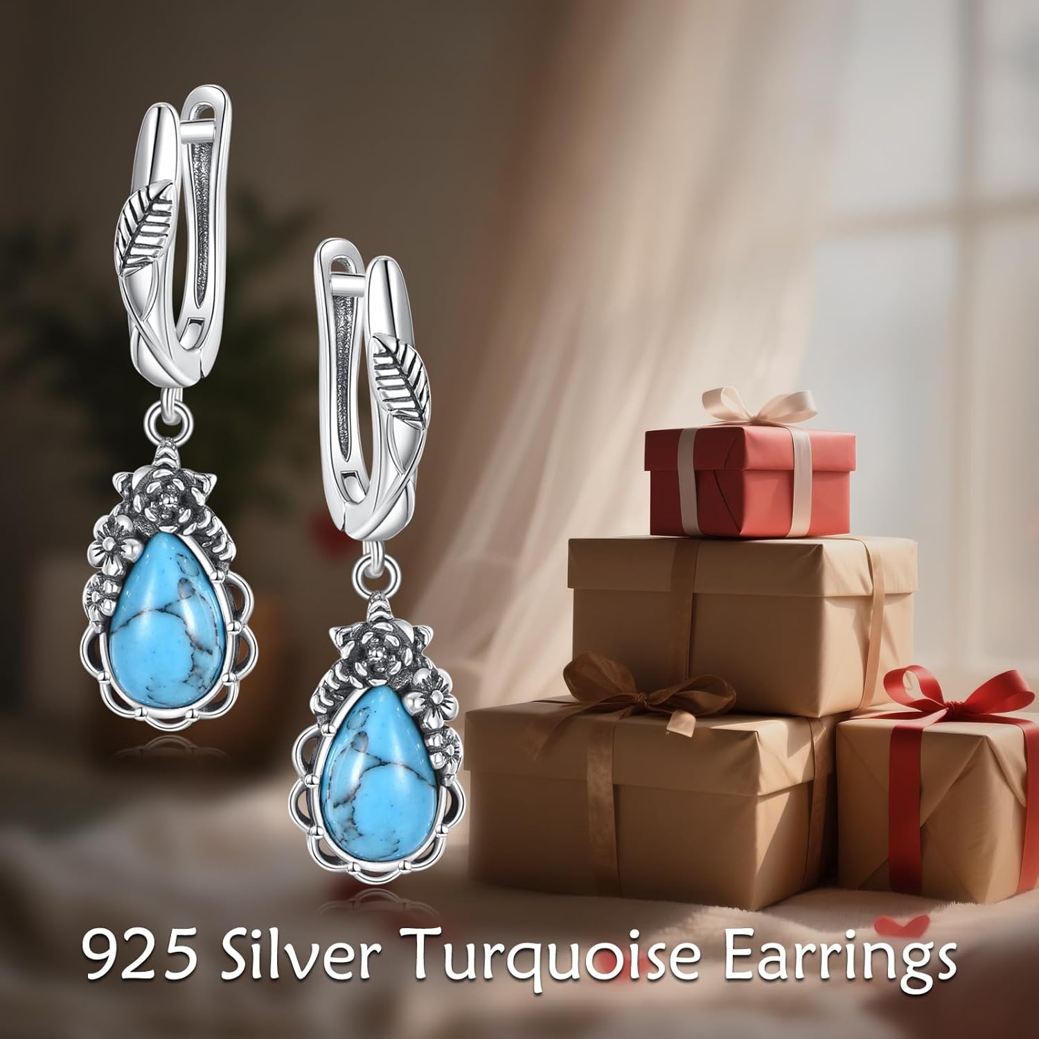 Turquoise Earrings 925 Sterling Silver Leaf Vine Flower Turquoise Dangle Earrings Boho Jewelry Gift for Women - Image 6