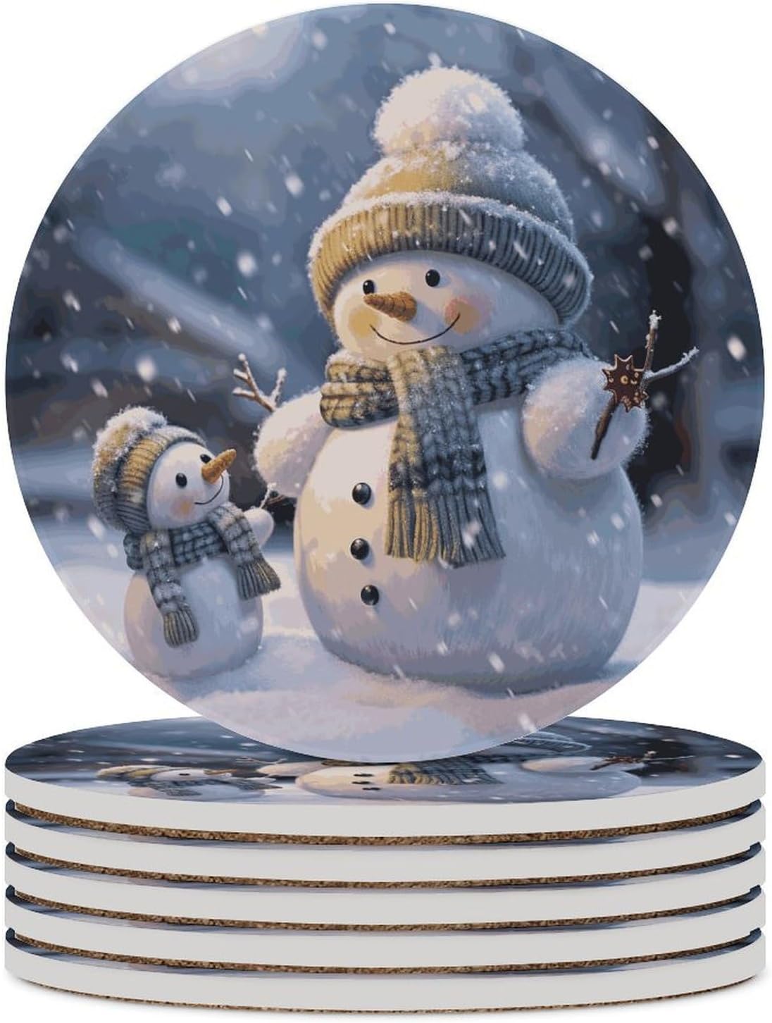 6PCS Winter Snowman Coasters Non-Slip Round Drink Coasters with Ceramic Stone and Cork Base, Heat Resistant Absorbent 33.00Stone Coaster Set for Kinds of Mugs and Cups, 4 Inch