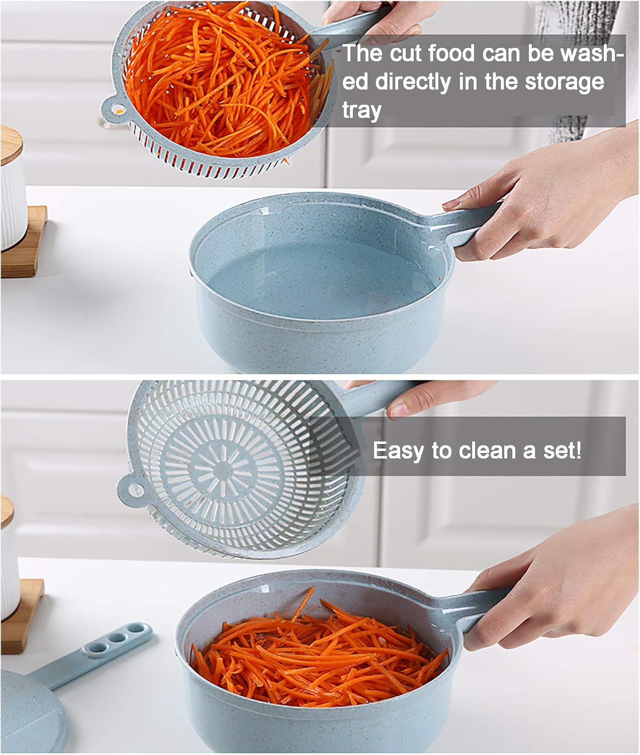 Multifunctional Vegetable Chopper Food Chopper Mandolin Slicer Spiralizer for Potato Carrot Garlic Manual Vegetable Slicer Kitchen Onion Slimming Chopper with Container and 5 Blades-Blue 29 x 10 cm