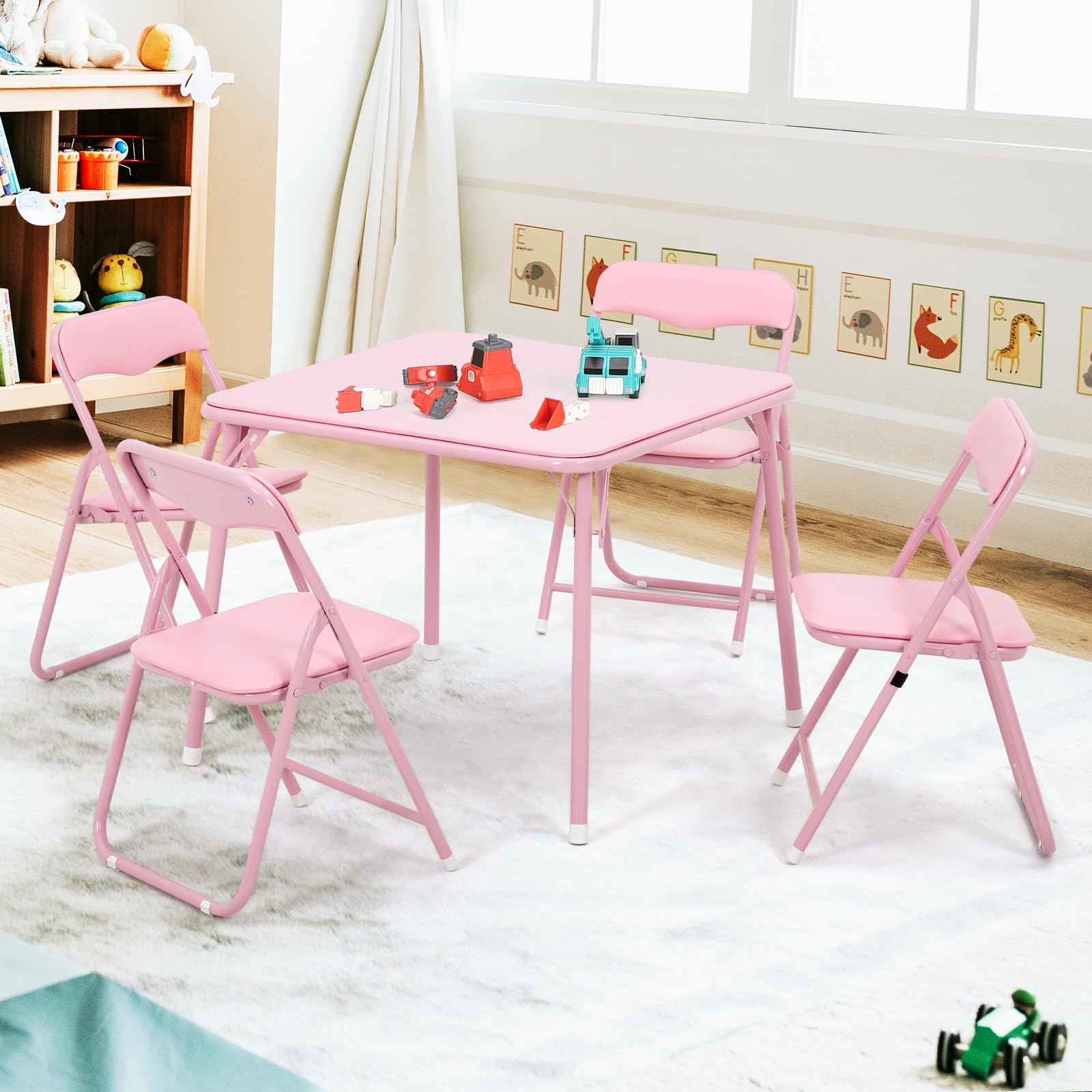 Zstar Conjunto de Mesa y Sillas Plegables para Niños, Mesa Infantil | con 4 Sillas Acolchadas de PU Marco de Acero Resistente, Ahorra Espacio, para Comedor, Sala de Juegos y Dormitorio, Rosa