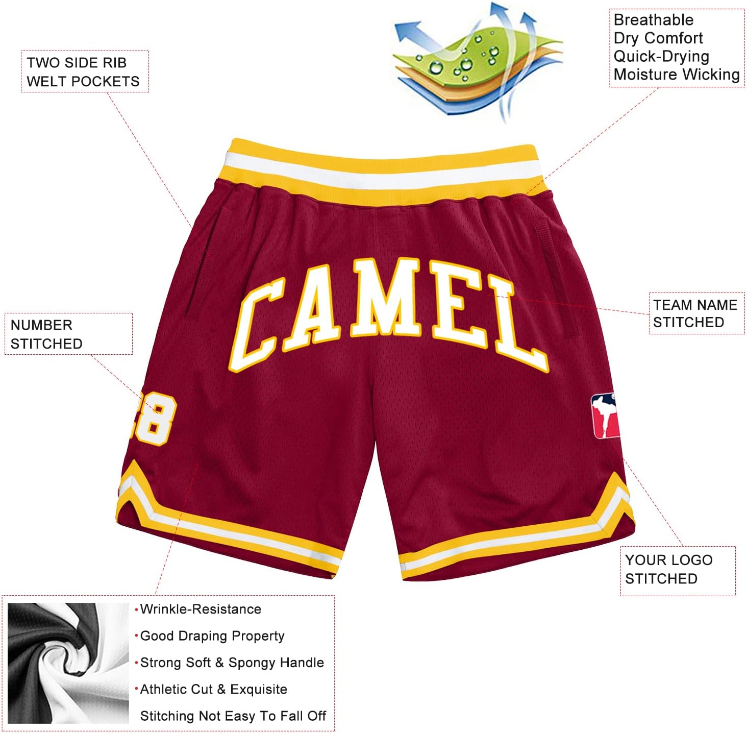 Fanscustom Custom Basketball Shorts Personalized Knit Rib Sports Shorts with Pockets Stitched Name and Number