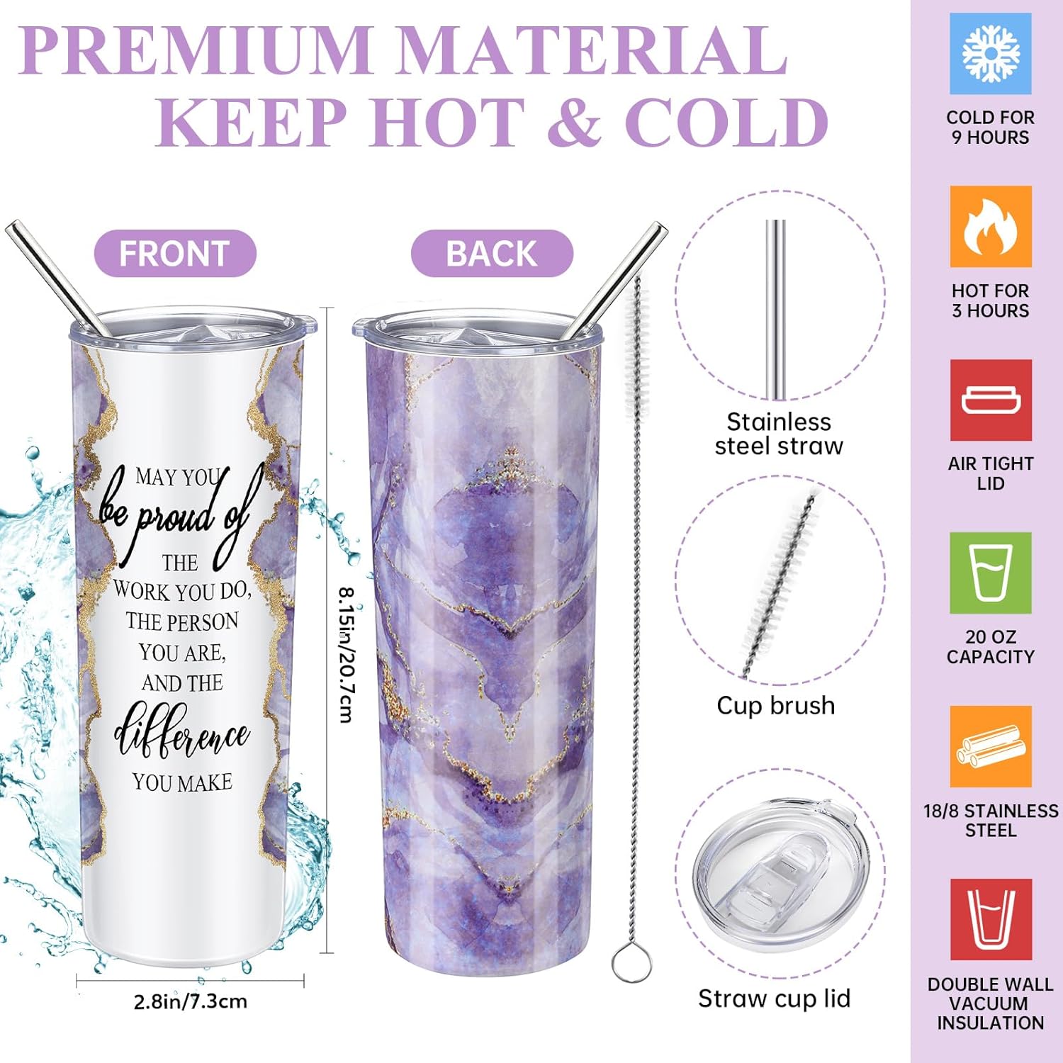 Domensi 6 Pcs Employee Appreciation Gift Set for Women Female Thank You Gift May You Be Proud 20 oz Rustic Marble Sign Tumbler Makeup Bag Journal for Nurse Lady Work Business(Purple) - Image 3