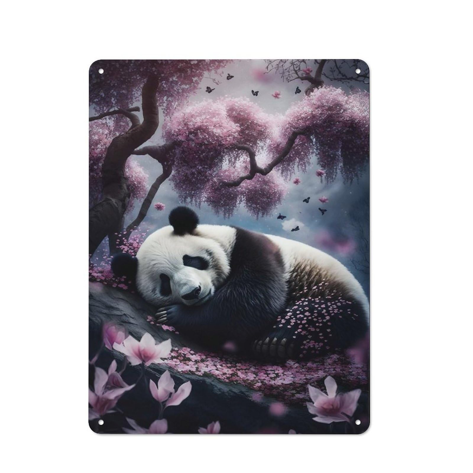Junmoney Panda Sleeping In Cherry Casual Metal Wall Decor 40X30cm, Tin Sign For Greenhouse, Garden Room, Cafe Or Entryway