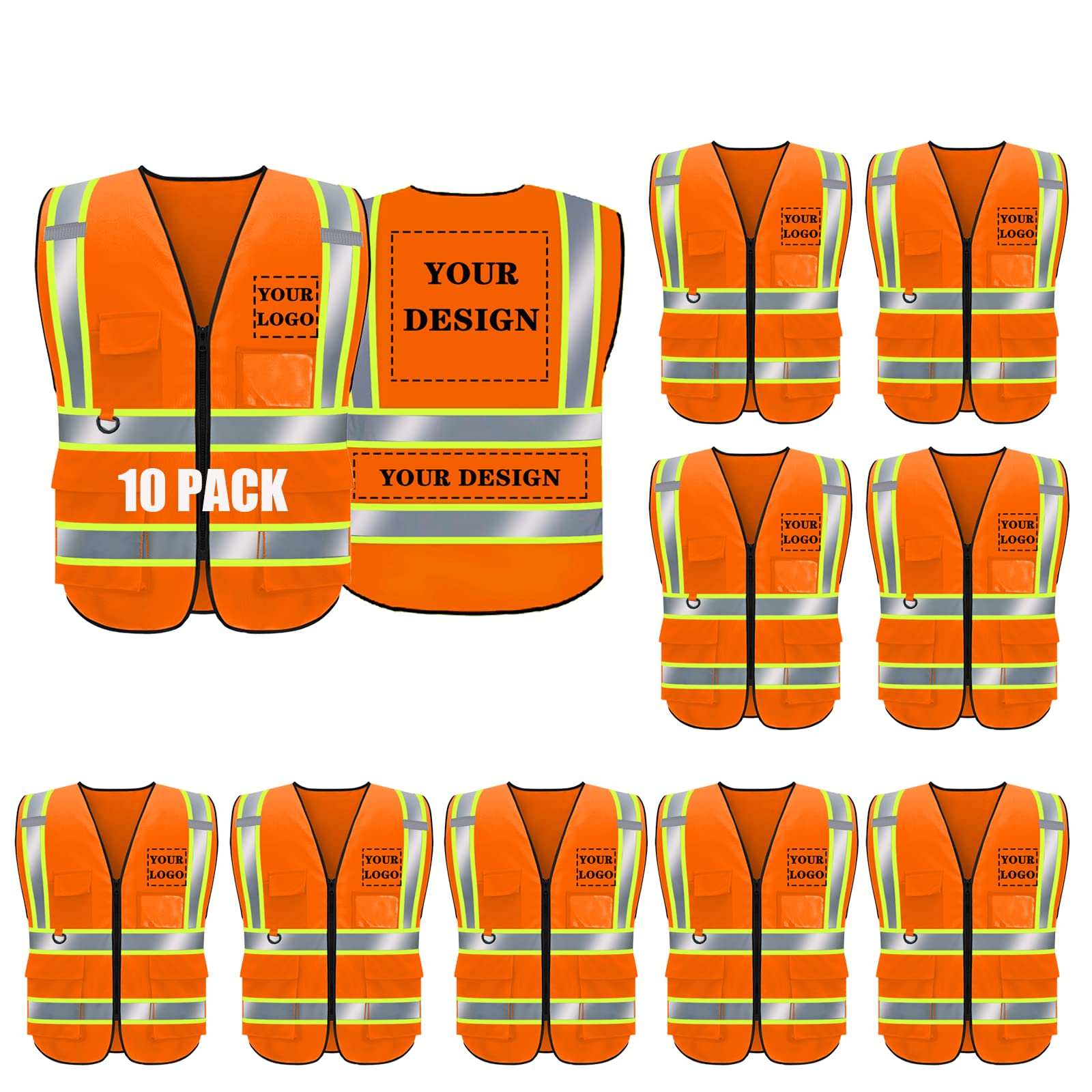 Safety Vest Custom Logo, Class 2 Personalized High Visibility Reflective Vest with 5 Pockets and Zipper,10 Pack (014Orange, XXL)