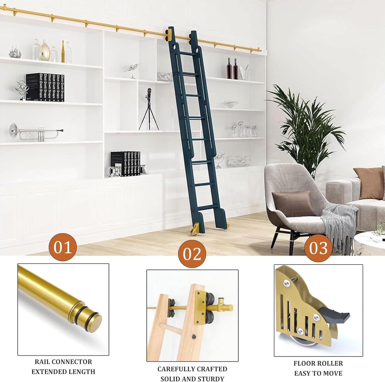 Robustes Schiebe-Bibliotheks-Hardware-Kit, mobiles Leiterbahnsystem für Schrank, komplettes Rollensystem, keine Leiter im Lieferumfang enthalten, einfache Installation, langlebiges Design