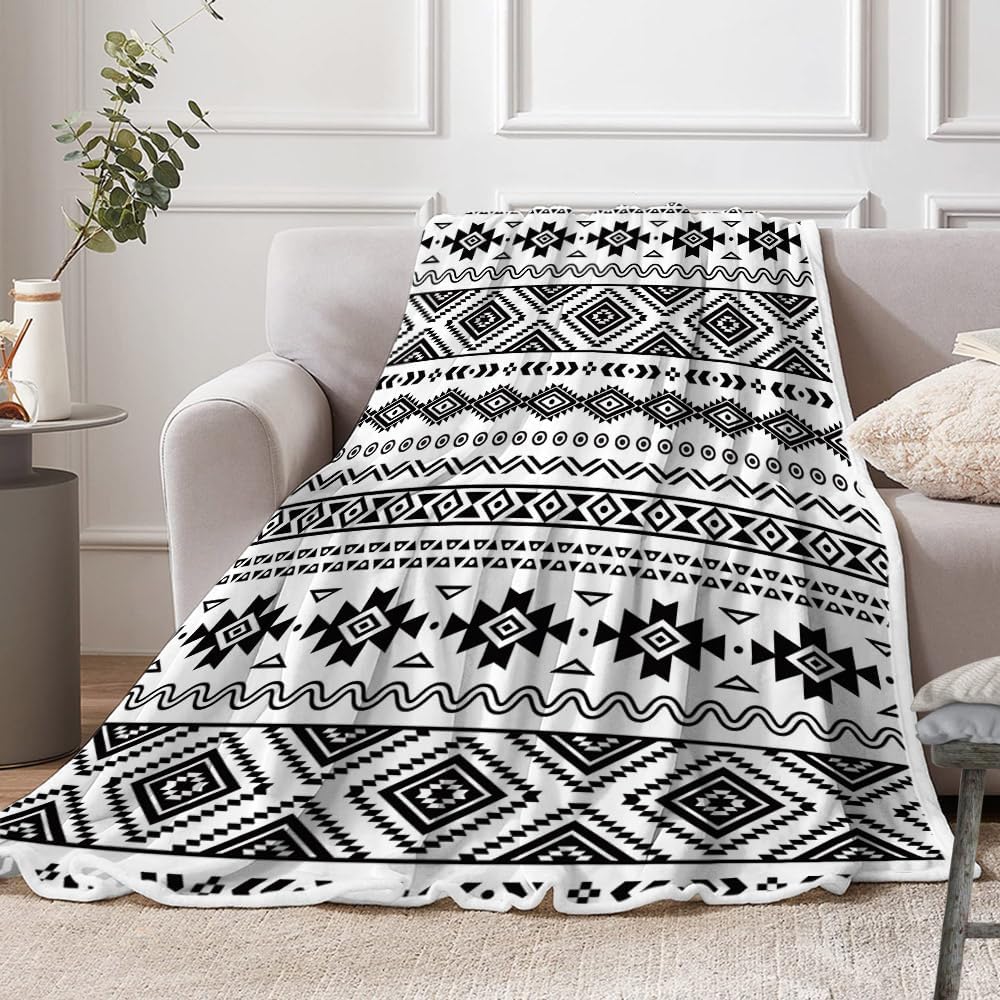 Aztec Blanket, Black and White Boho Native Tribal American Throws Blankets, Southwest Geometric Vintage Flannel Soft Blanket Cover for Couch Chair Bed Outdoor Travel Decor, 60X80IN