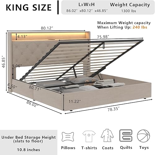 Miniatura 56 de Loomie Base de cama King con estación de carga y luces LED, cama tapizada con cabecera de almacenamiento copetuda con botones, almacenamiento Gris