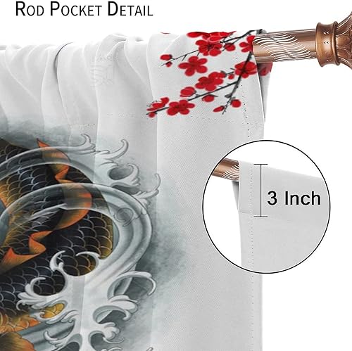 Vista 18 de Cortinas japonesas de pez koi, estilo asiático Koi Big Wave Koi, cortina con bolsillo para cortinero para dormitorio, cocina, sala de estar, Koi